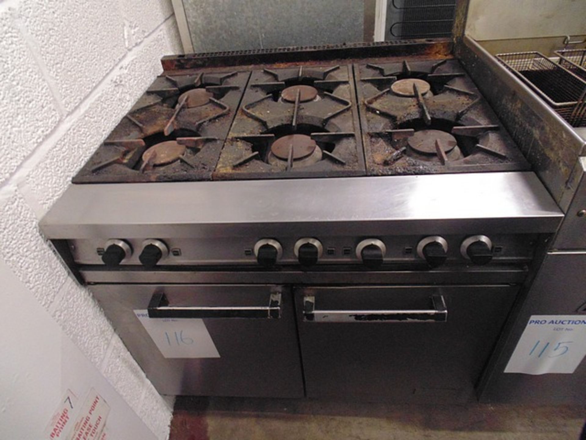 Stainless steel six burner gas range and oven 3/4" BSP female gas connection 5.8kW burners 7.2kW