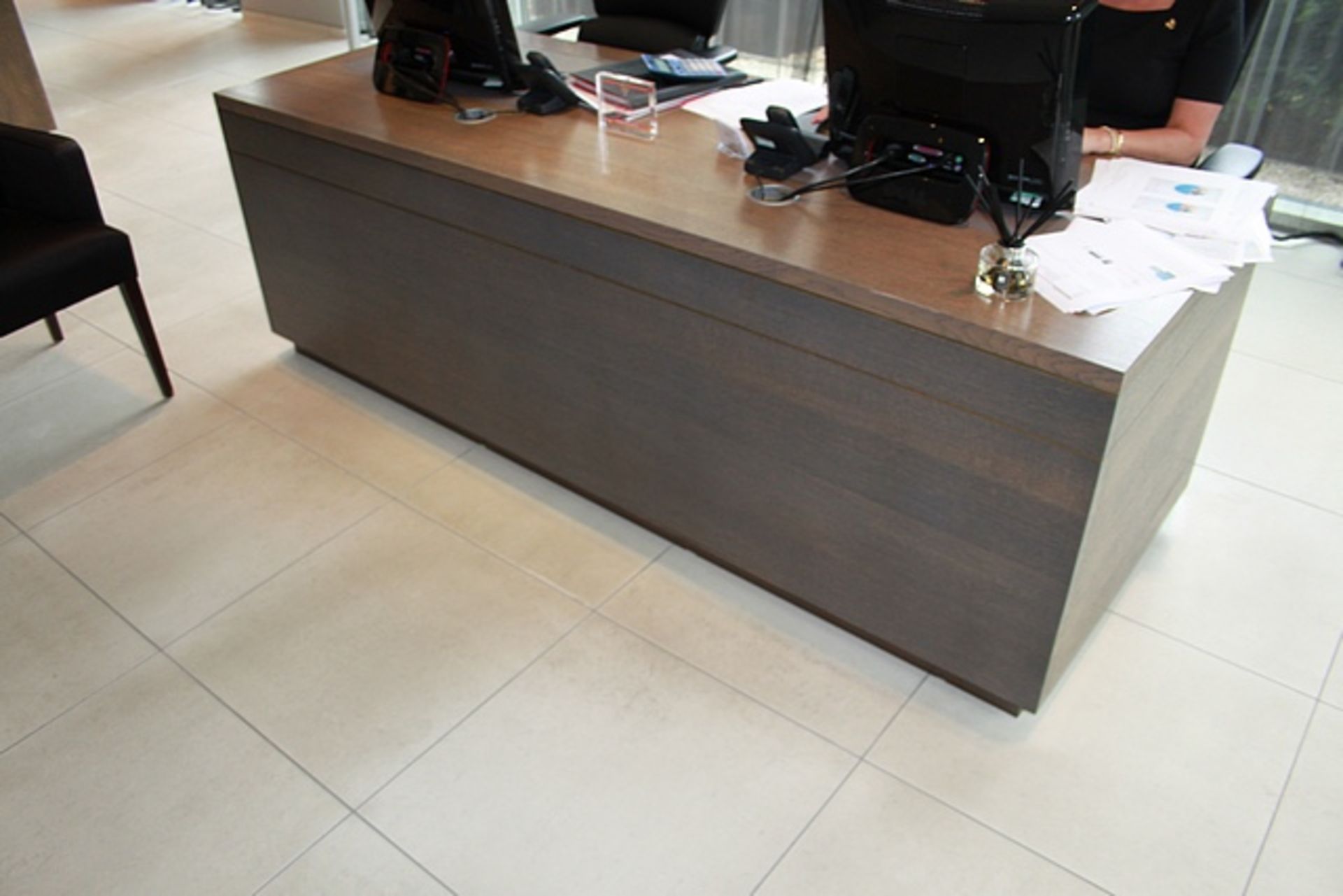 Polished oak reception desk 2200mm x 800mm