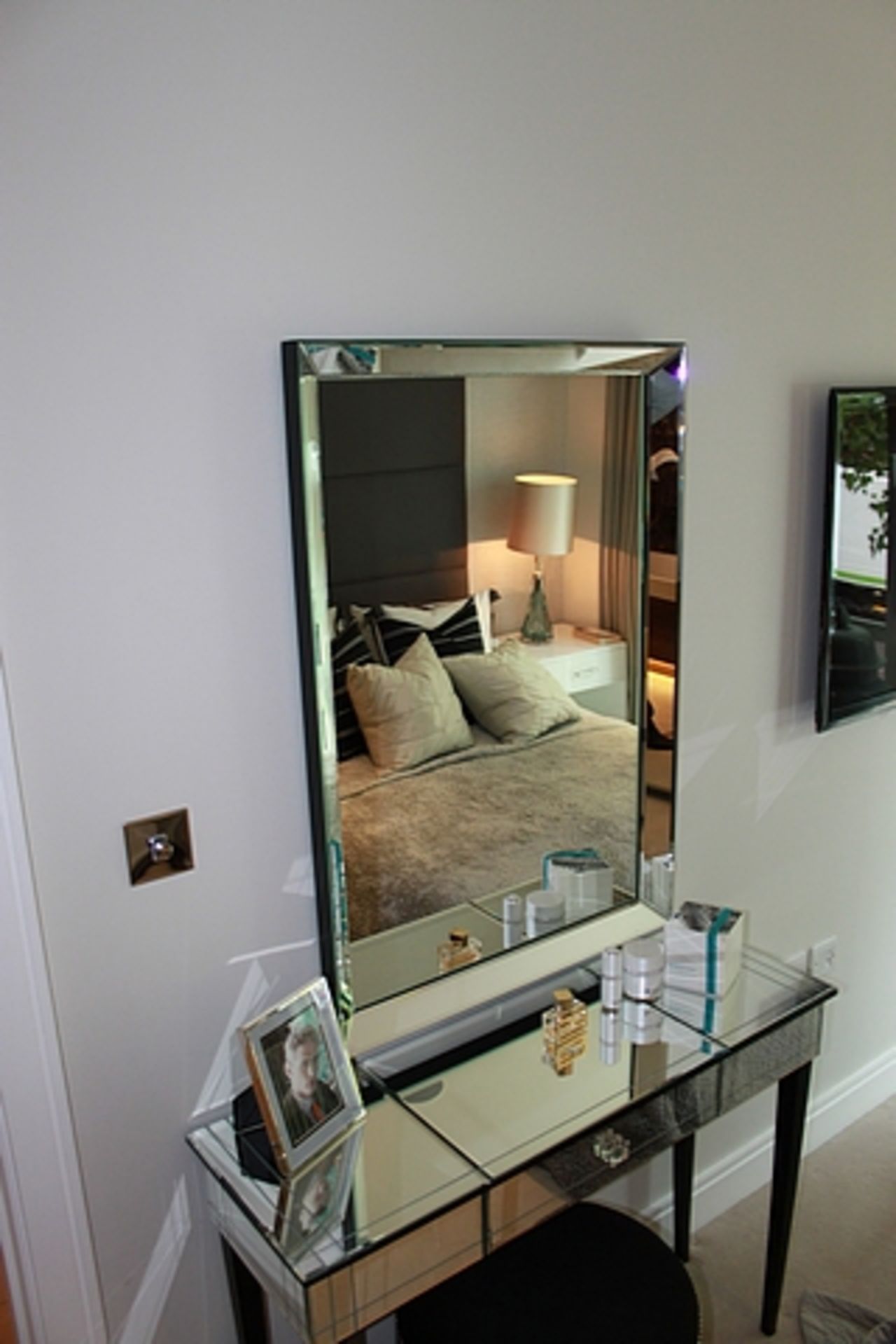 Mirrored single drawer vanity / desk 1000mm x 350mm x 740mm