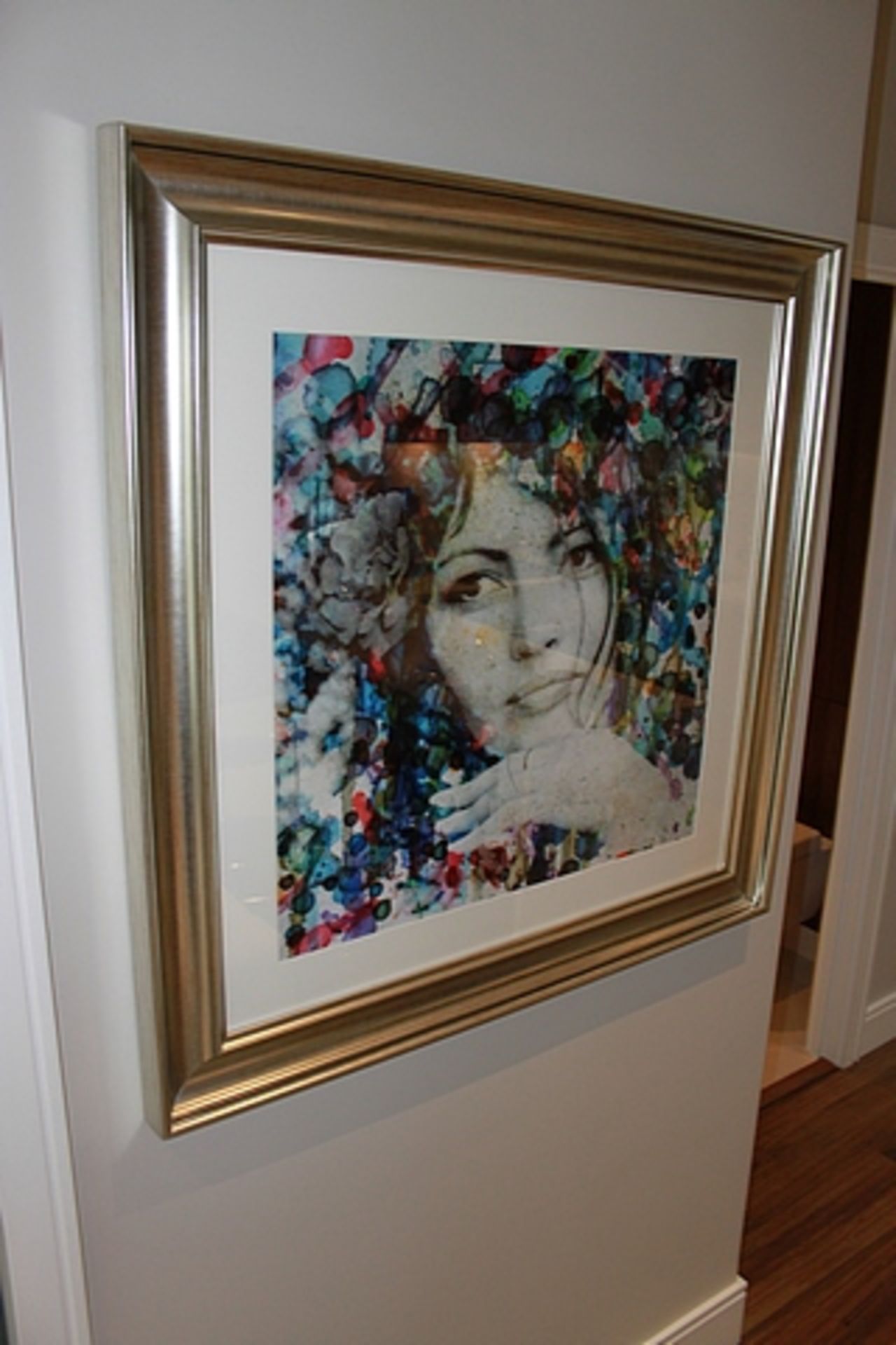 Framed print in distressed silver painted frame 980mm x 980mm