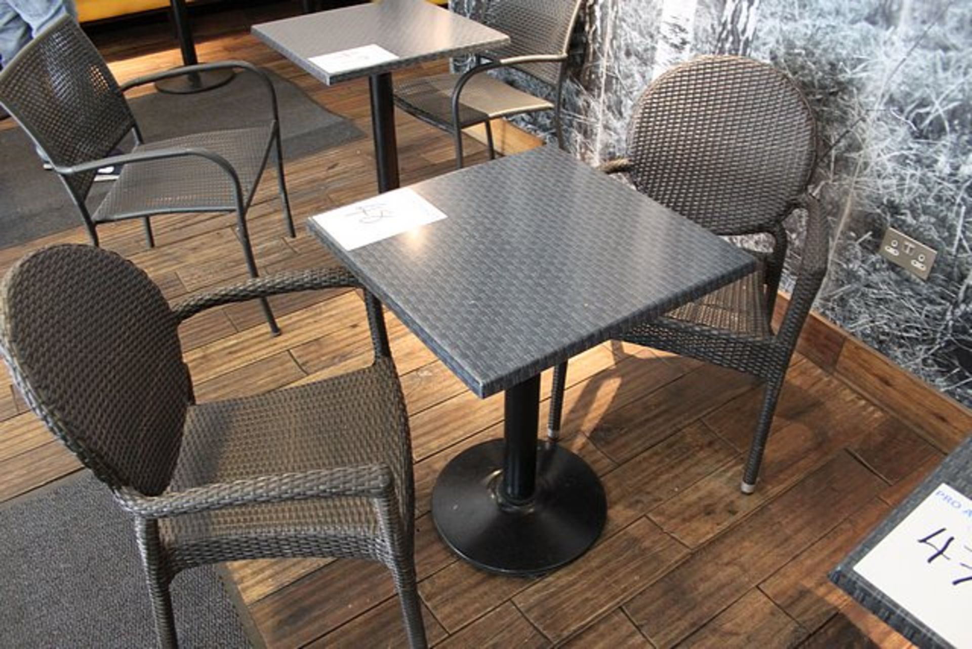 Bistro table with metal pedestal 600mm x 600mm x 740mm complete with 2 x polyrattan arm chairs