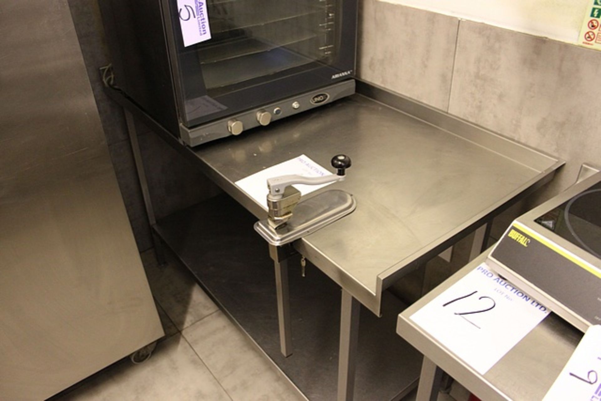 Stainless steel preparation table with upstand shelf and can opener 1520mm x 650mm