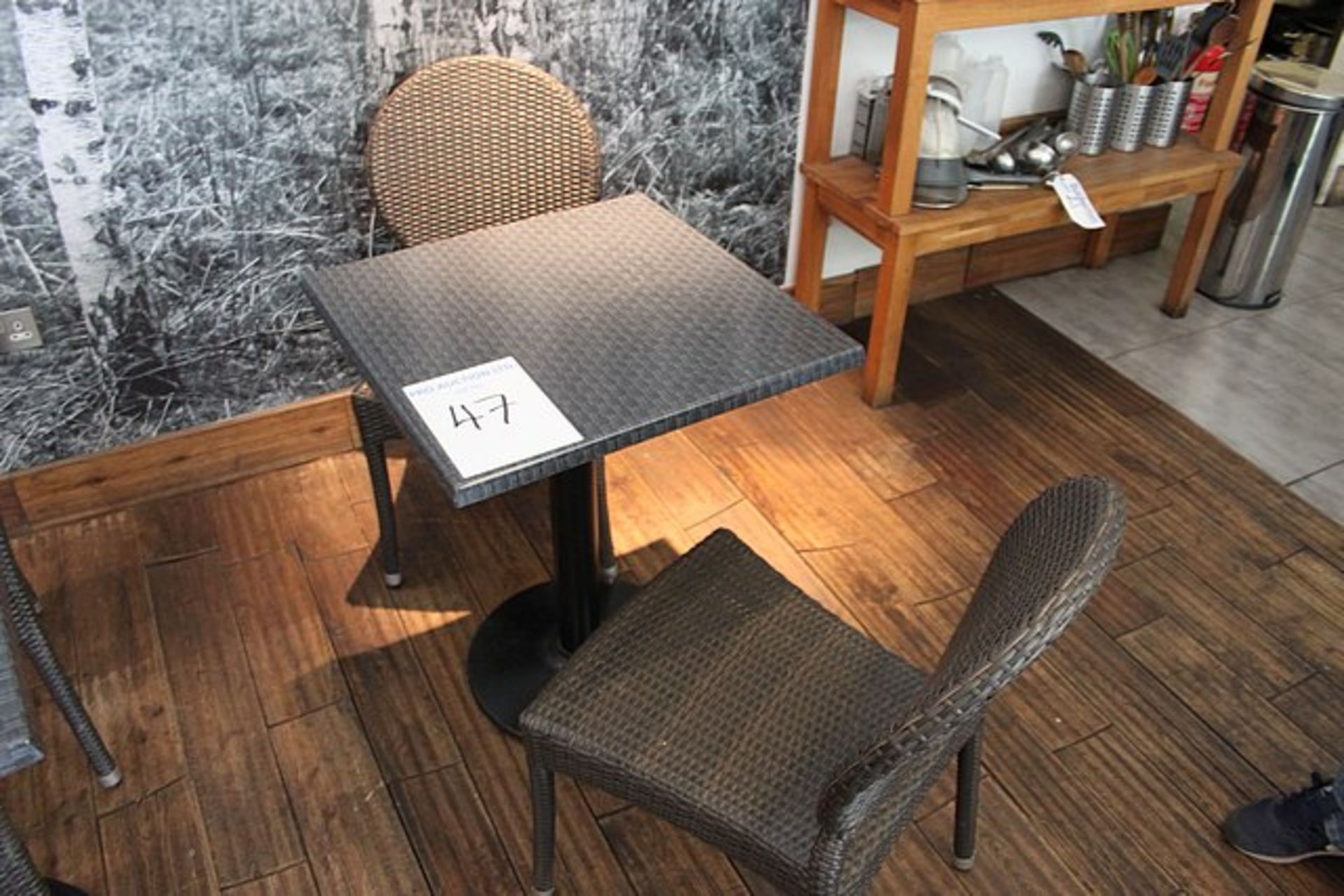 Bistro table with metal pedestal 600mm x 600mm x 740mm complete with 2 x polyrattan side chairs