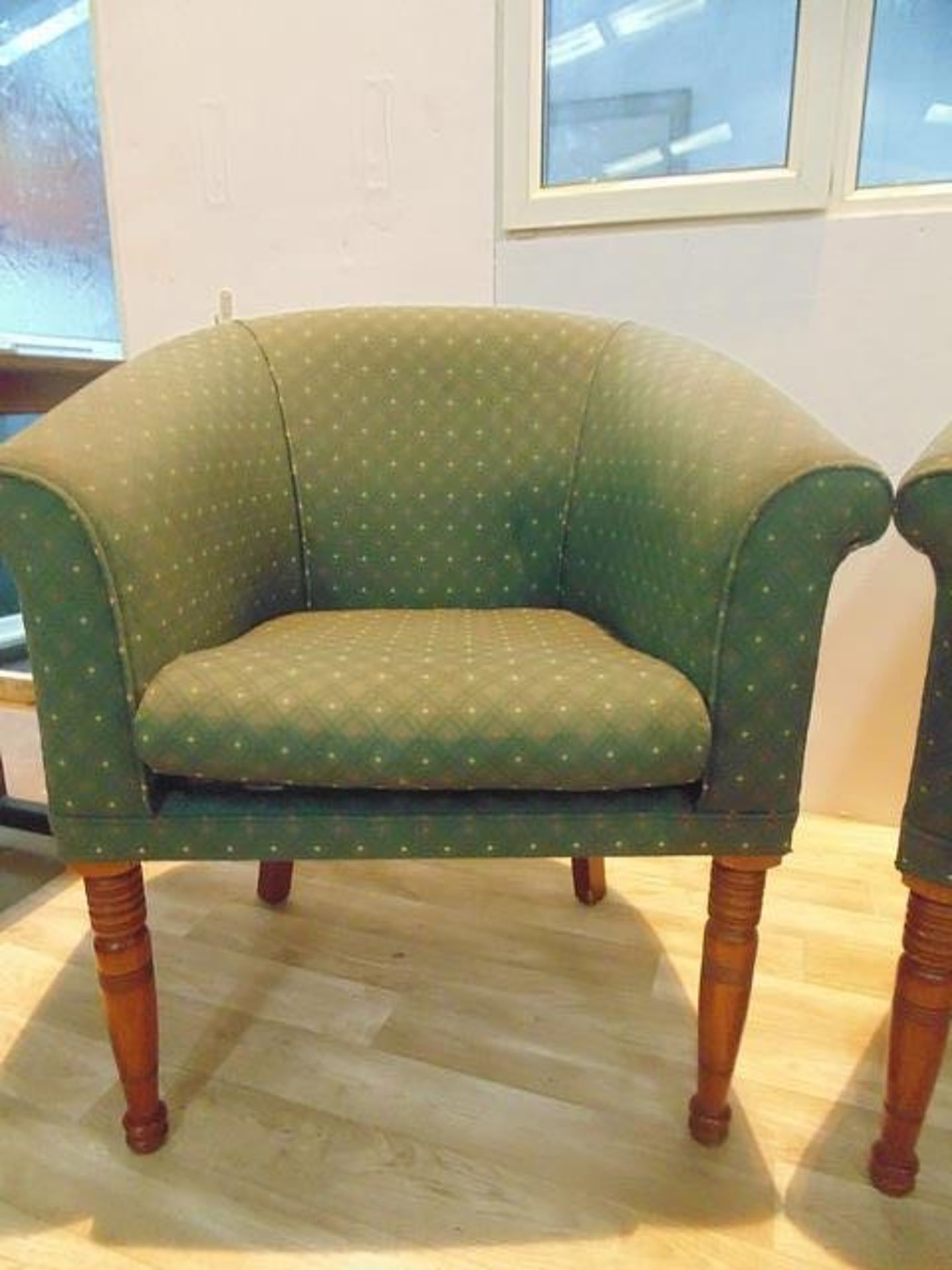 A pair of upholstered hardwood framed club / tub chairs in a green patterened fabric 460mm x 730mm x - Image 2 of 2