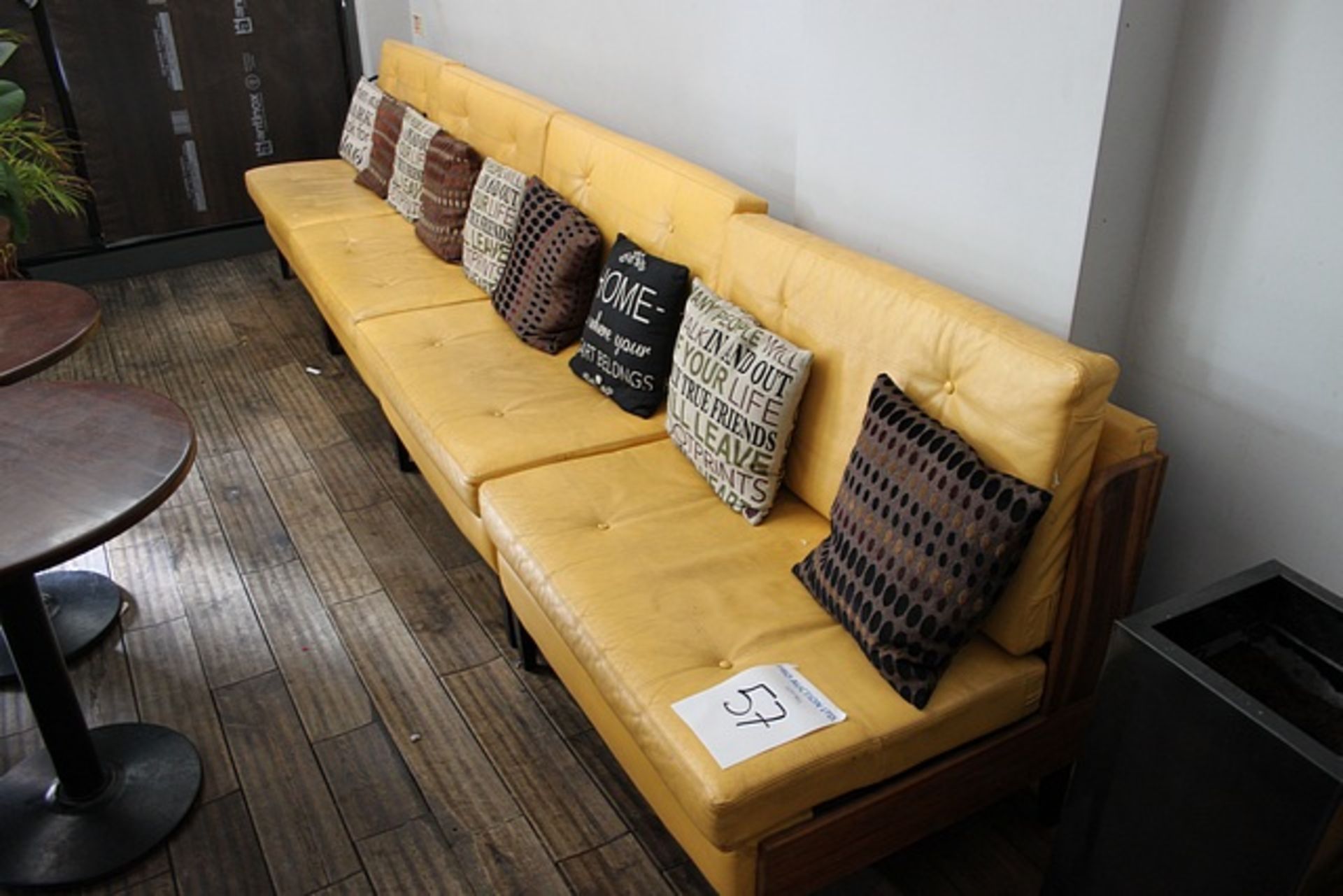 Bench sofa in faux yellow tufted leather 3950mm on hardwood dark stained frame 540mm seat pitch x - Image 2 of 2