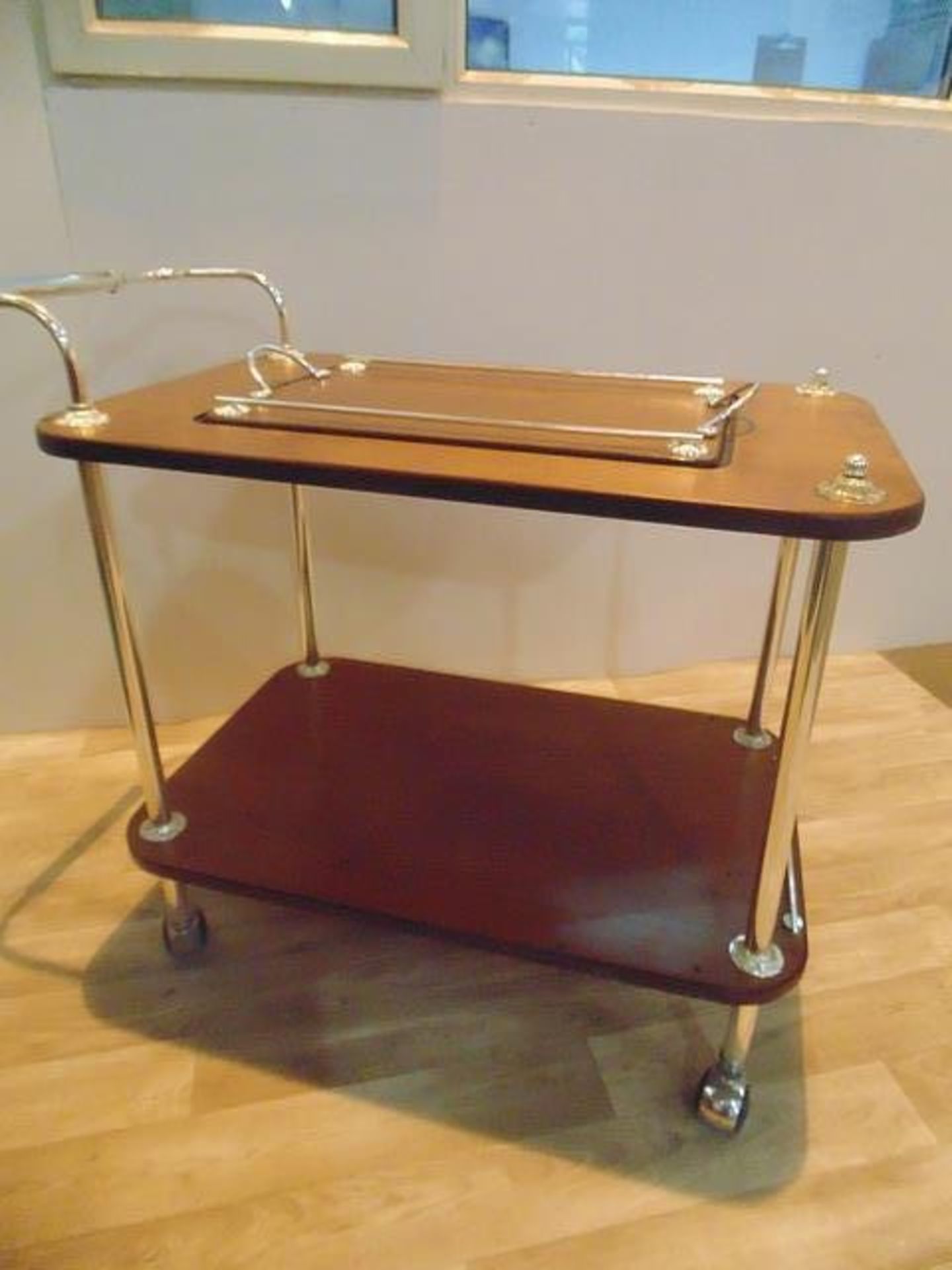 Mobile trolley wood and silver with mirror glass inset top 930mm x 520mm x 790mm