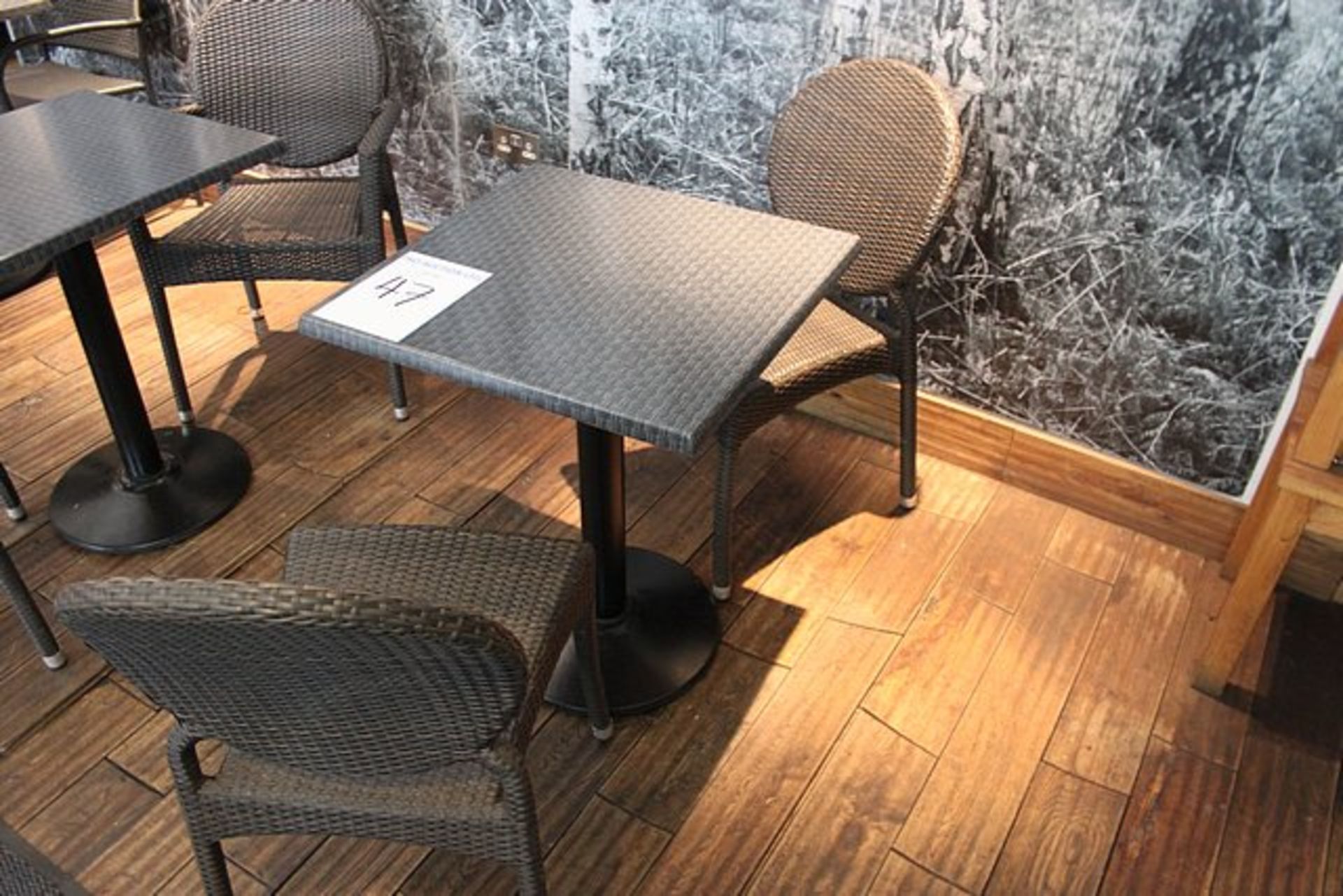 Bistro table with metal pedestal 600mm x 600mm x 740mm complete with 2 x polyrattan arm chairs