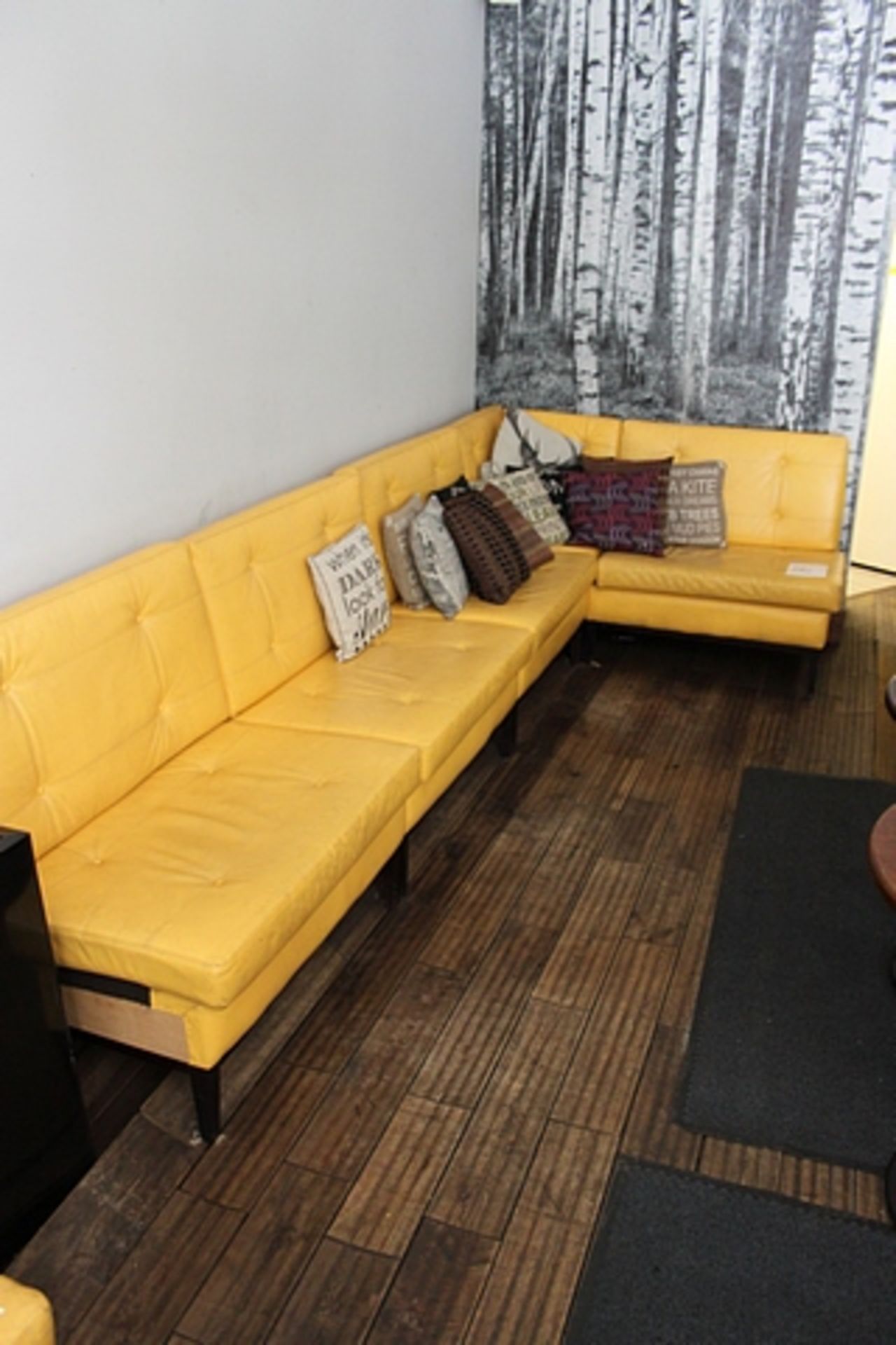 Corner bench sofa in faux yellow tufted leather 3650mm/1700mm on hardwood dark stained frame 540mm