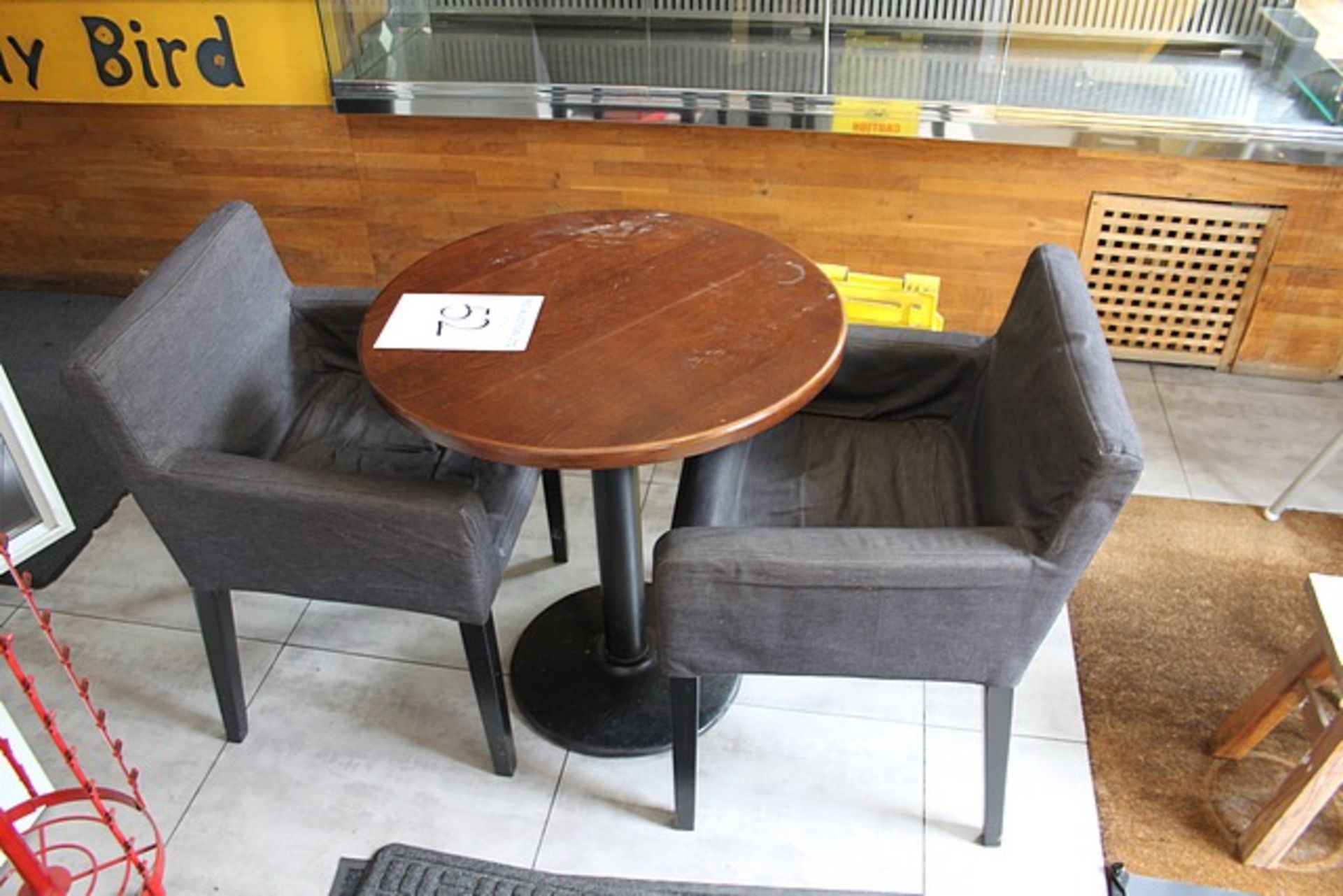 Circular top 700mm dining table cast base complete with 2 x upholstered grey fabric arm chairs