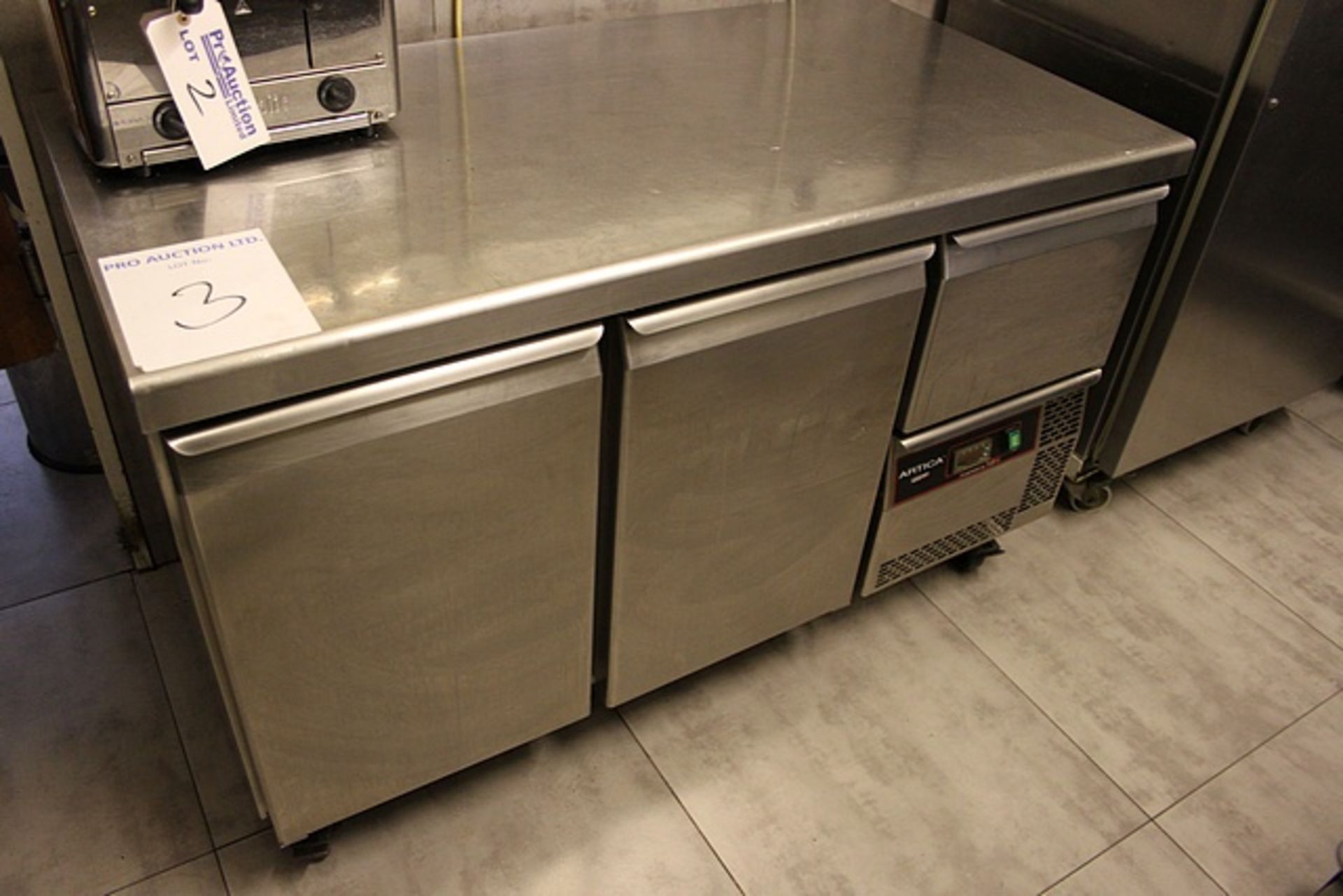 Frulinox TR37 commercial two door + 1 door bench counter refrigerator temperature range: -2/+8°C