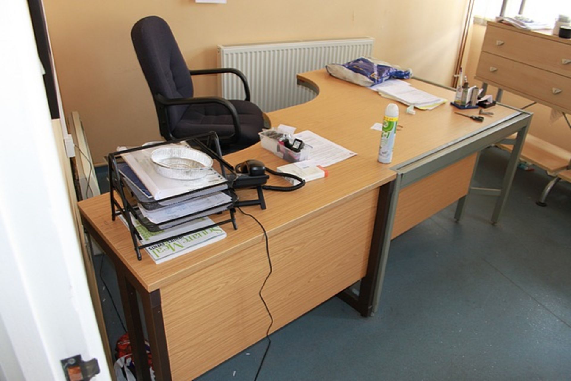 Content of managers office comprising desk, office chair, storage rack and two door storage cupboard - Image 2 of 4