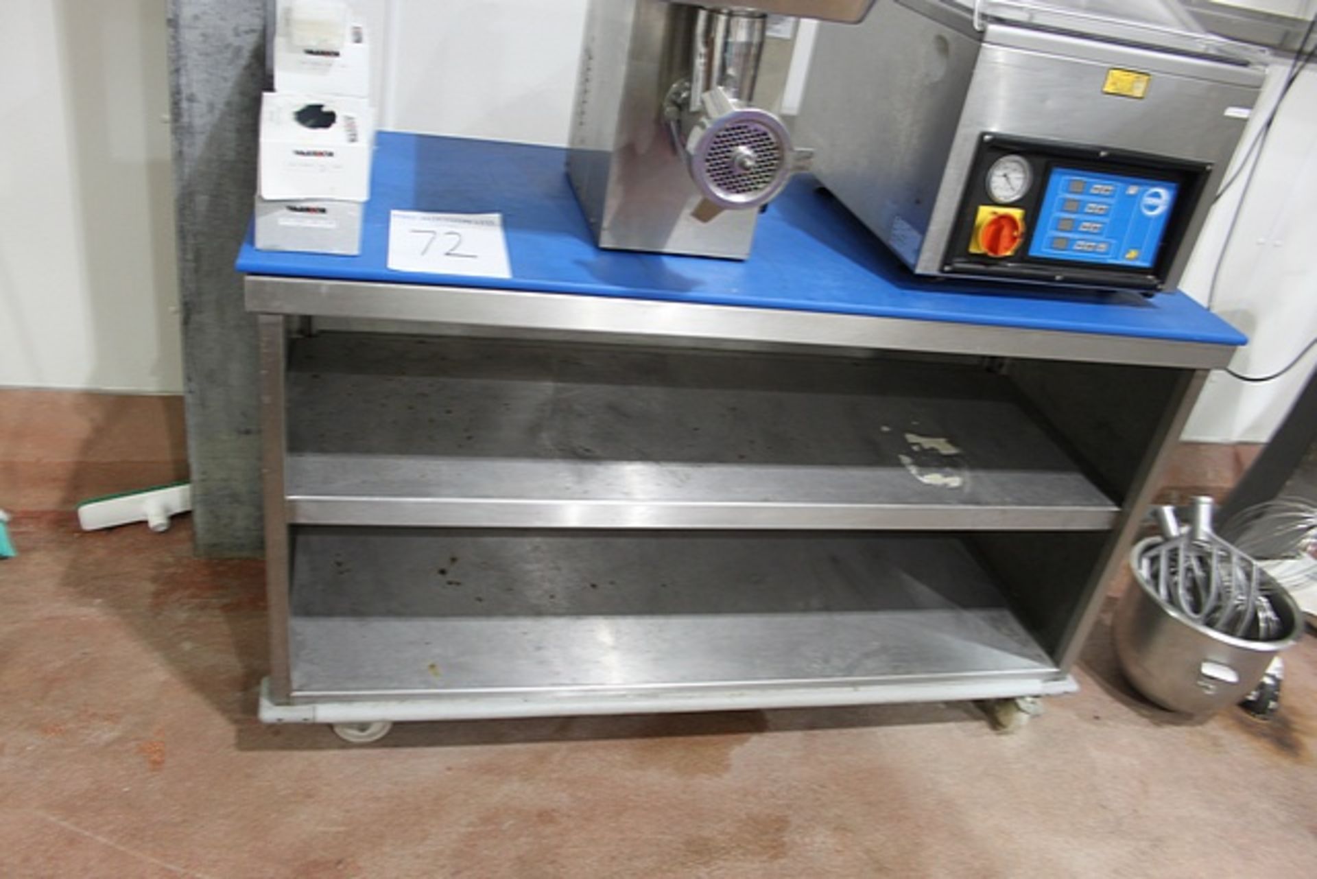 Stainless steel neoprene top workstation with open cupboard under with 2 x shelves 1500mm x 610mm