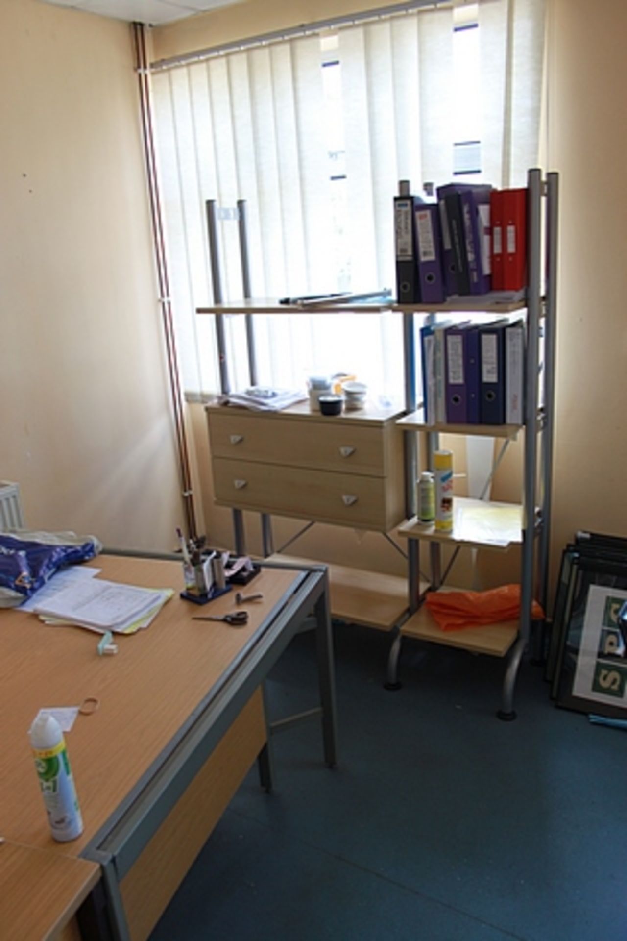 Content of managers office comprising desk, office chair, storage rack and two door storage cupboard - Image 3 of 4