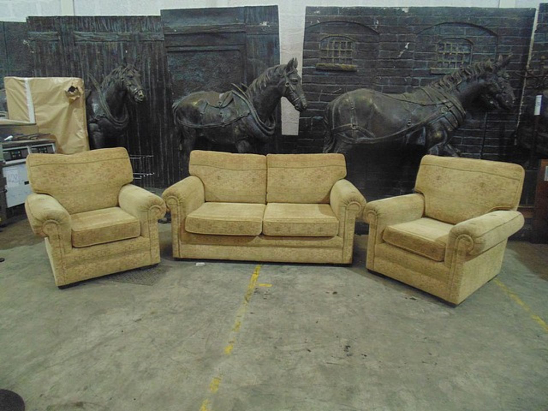 A three piece suit in gold uphostered pattern 1780mm x 690mm x 940mm sofa chair 520mm x 460mm x