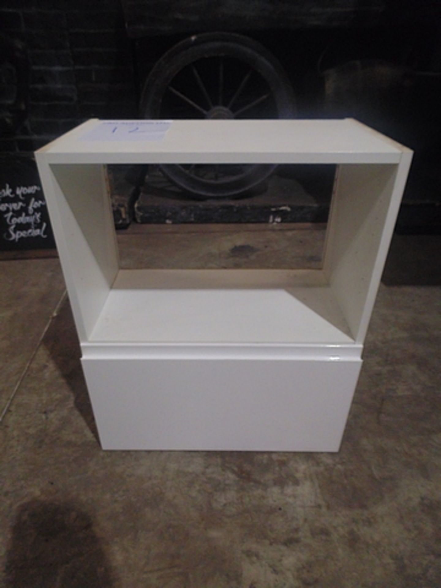 White storage cabinet with drop down leaf 600mm x 340mm x 730mm