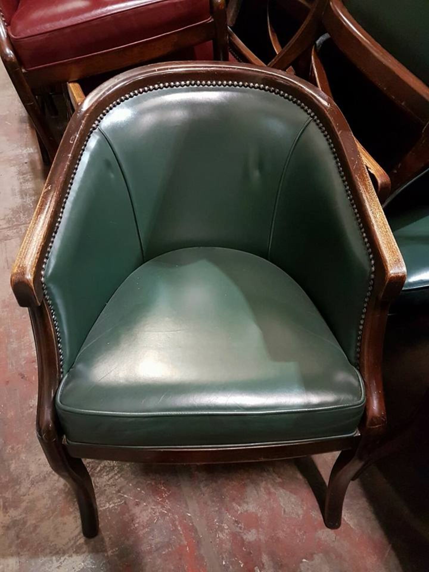 6 x club chairs solid wood frame racing green leather upholstery with brass nailhead trim 530mm x