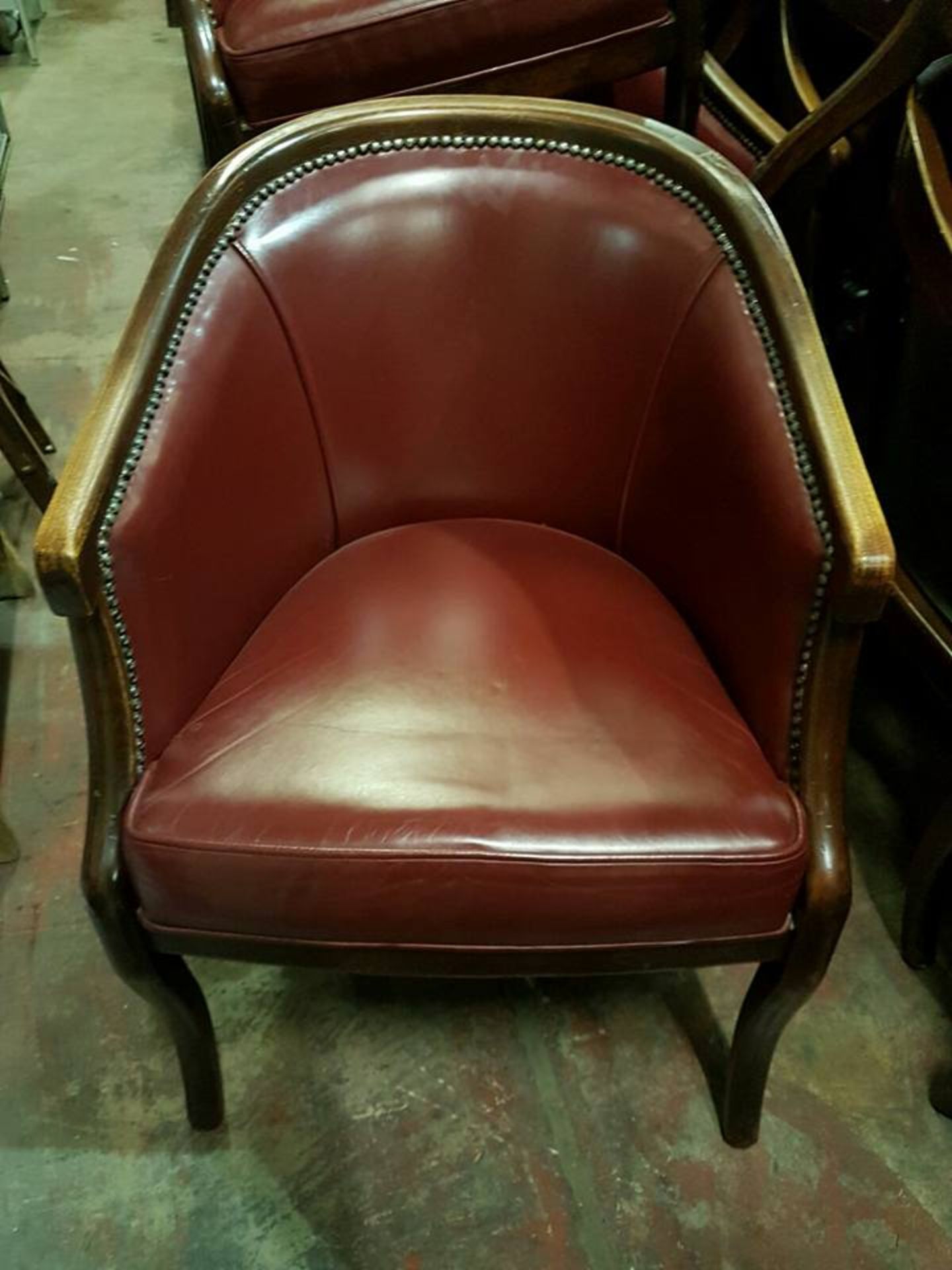 6 x club chairs solid wood frame ox-blood leather upholstery with brass nailhead trim 530mm x