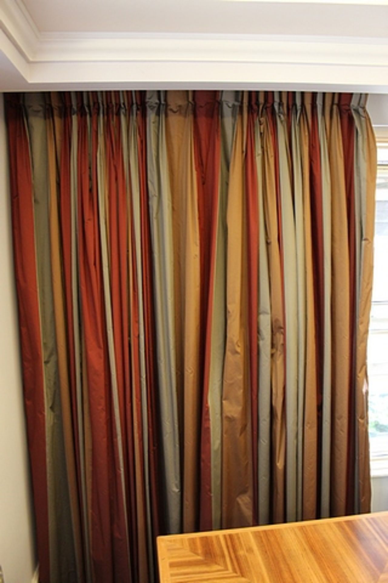 A pair of faux silk Taffeta curtains lined grey gold silver and red vertical stripe spans 3000mm x