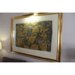 A framed textile fabric tapestry 1560mm x 1150mm complete with brass picture lamp