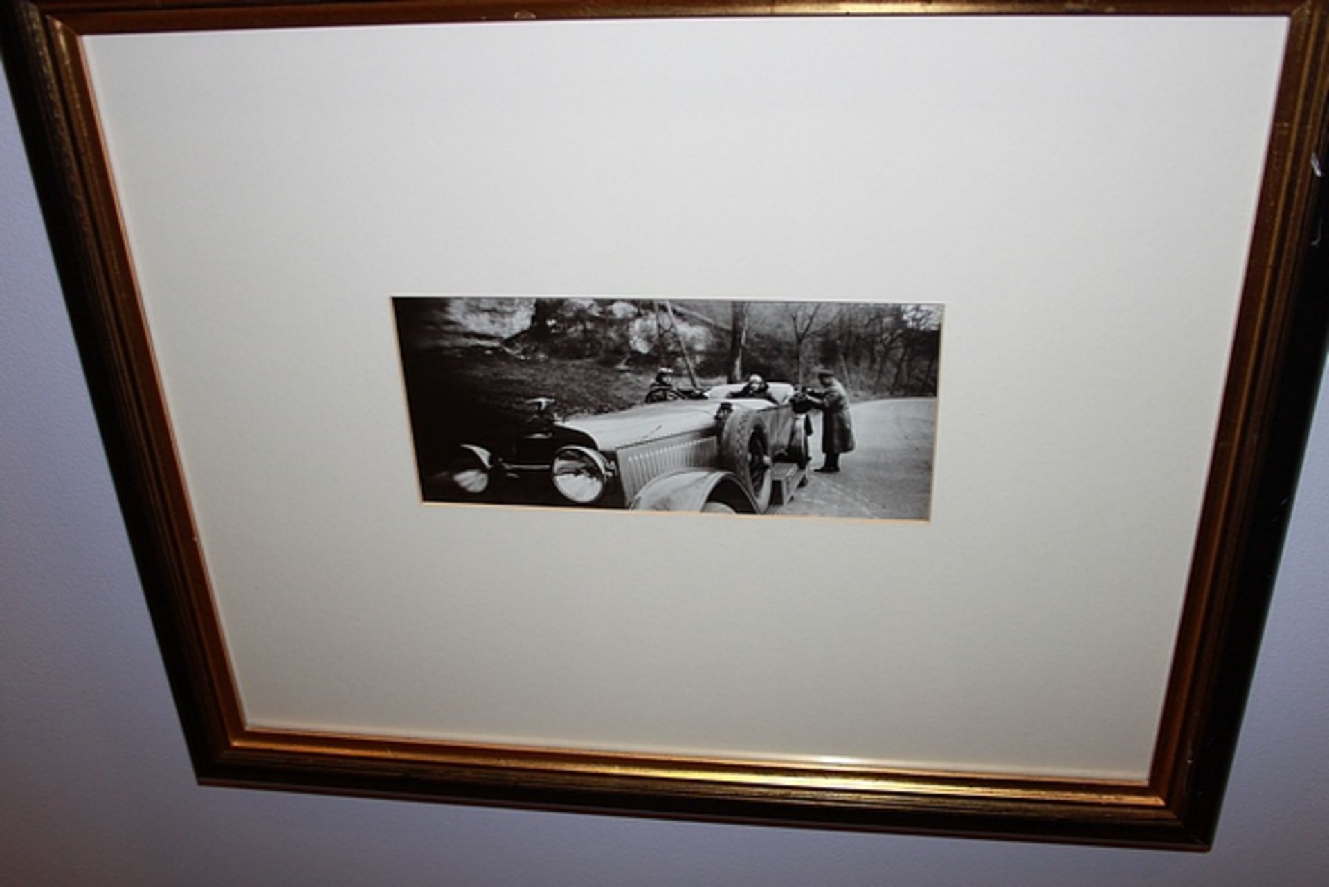 A pair of photoprints black and white racing cars 580mm x 450mm framed with brass picture lamp - Image 2 of 2