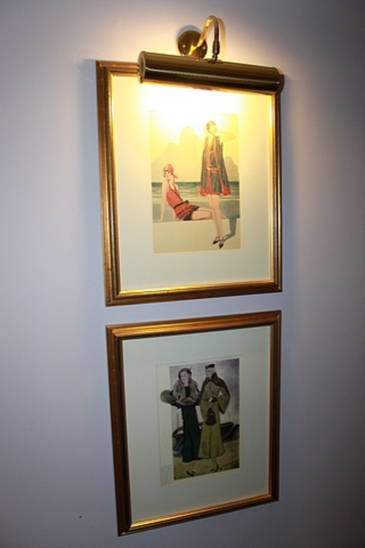 A pair of framed art deco prints women , framed 450mm x 540mm with brass picture lamp