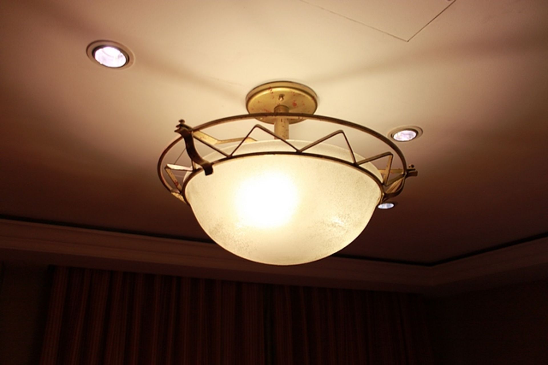 Ceiling fit pendant lamp etched glass bowl in brass support 650mm x 450mm drop