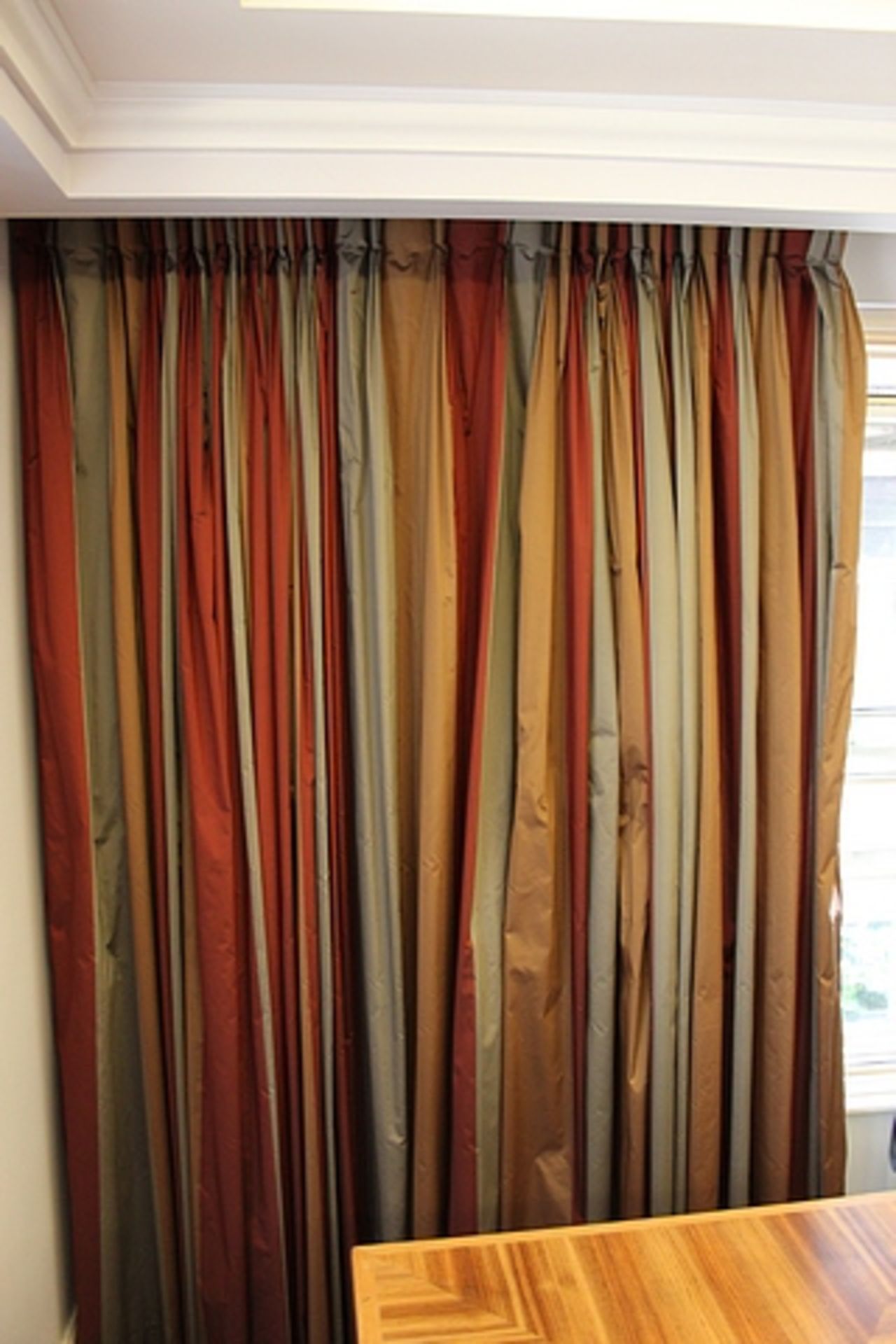 A pair of faux silk Taffeta curtains lined grey gold silver and red vertical stripe spans 3000mm x