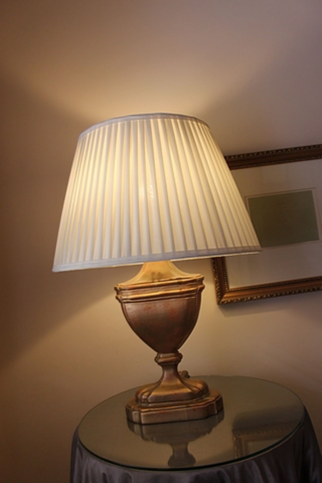 A pair of table lamps Grecian style urn shape with linen shade 700mm tall