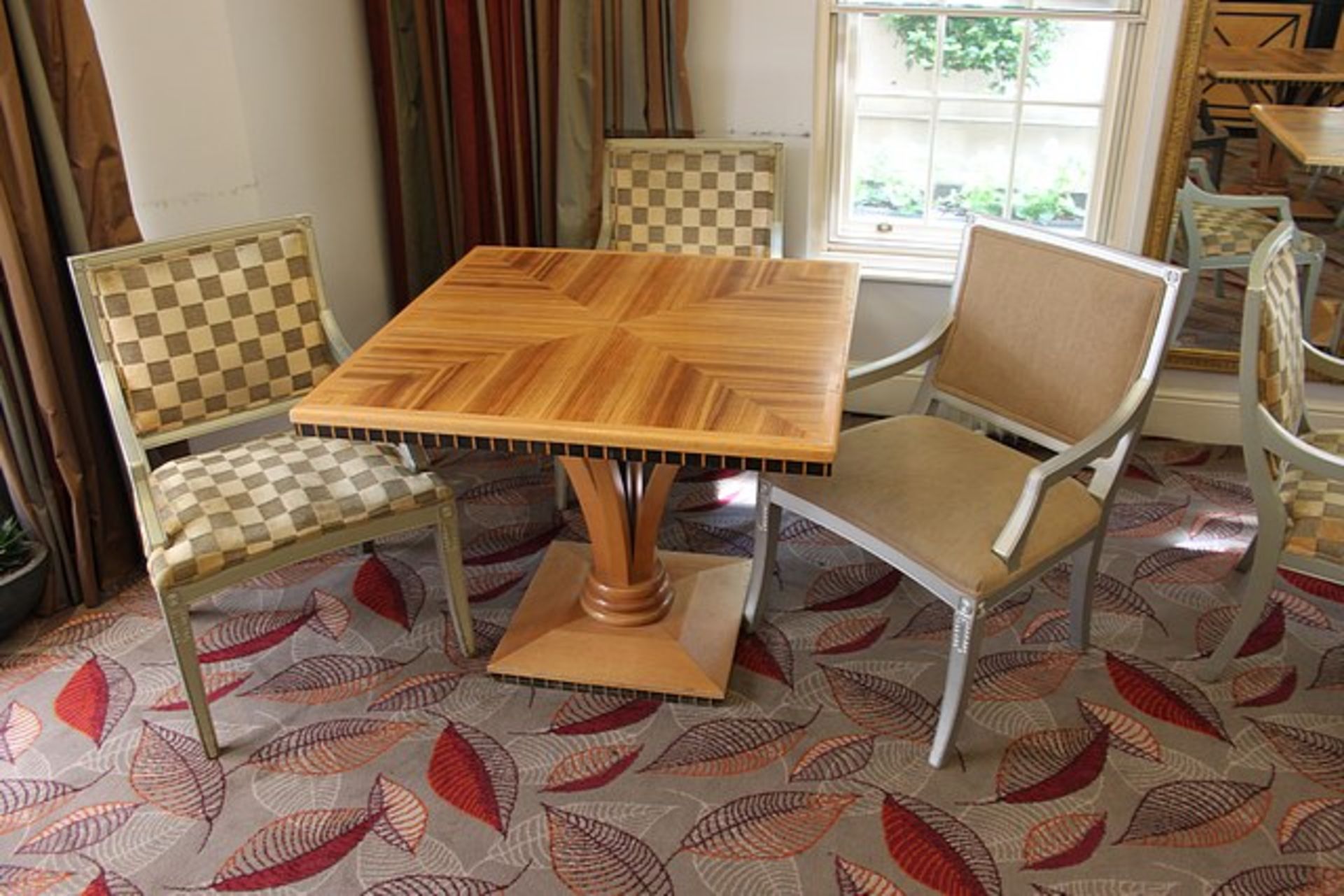 Dining table art deco inspired 950mm x 950mm x 760mm solid wooden top mounted on quad splayed