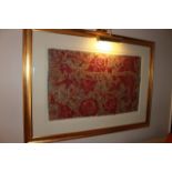 A framed textile fabric tapestry 1560mm x 1130mm complete with brass picture lamp
