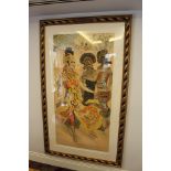 Watercolour framed girls in a traditional dress, South East Asian school watercolour on two sheets