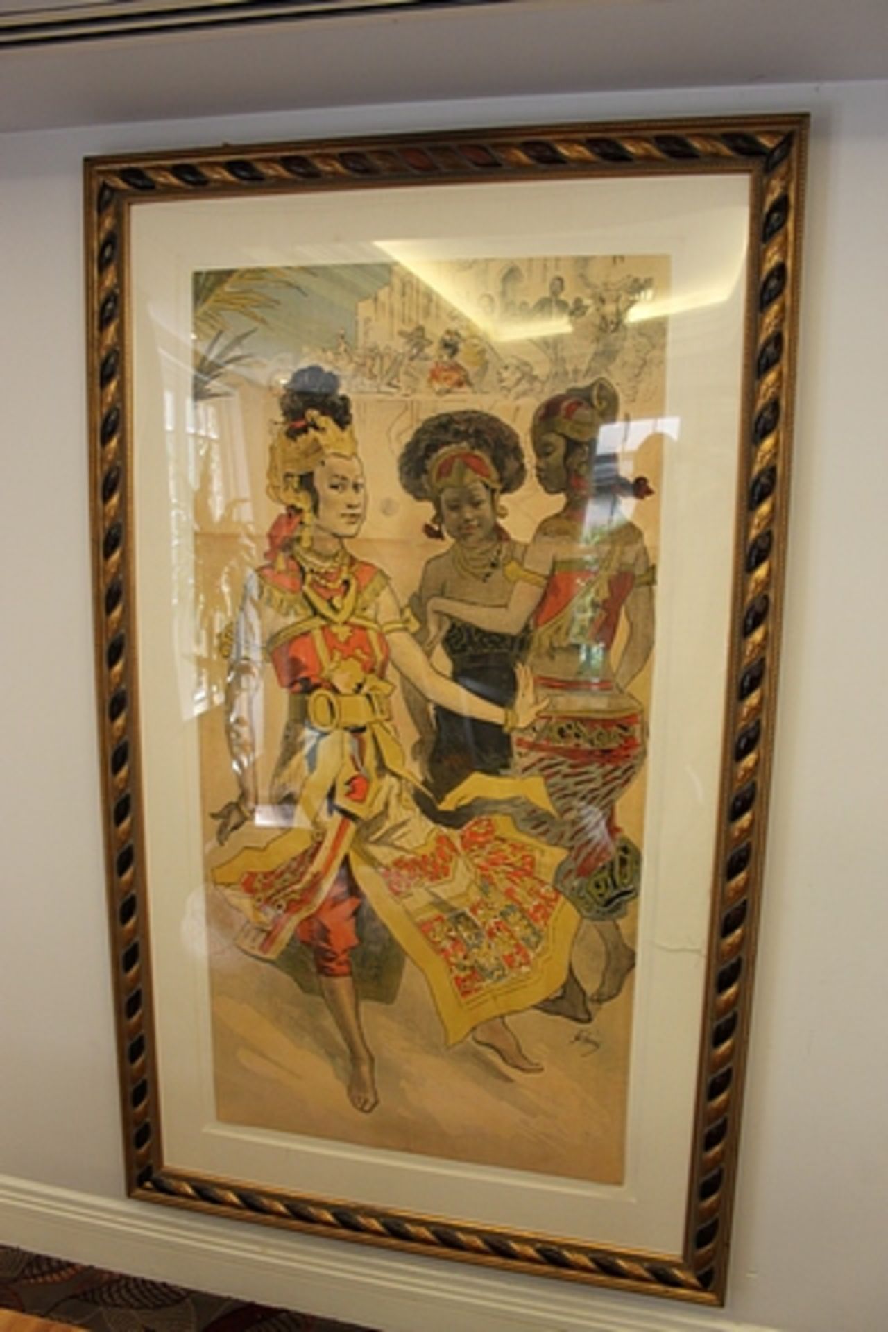 Watercolour framed girls in a traditional dress, South East Asian school watercolour on two sheets