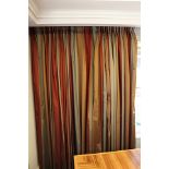 A pair of faux silk Taffeta curtains lined grey gold silver and red vertical stripe each panel