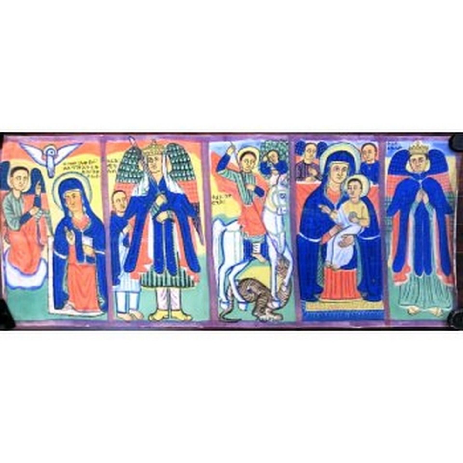 1970s Ethiopian Religious Canvas Scroll Painting depicting Bible Scenes(T)