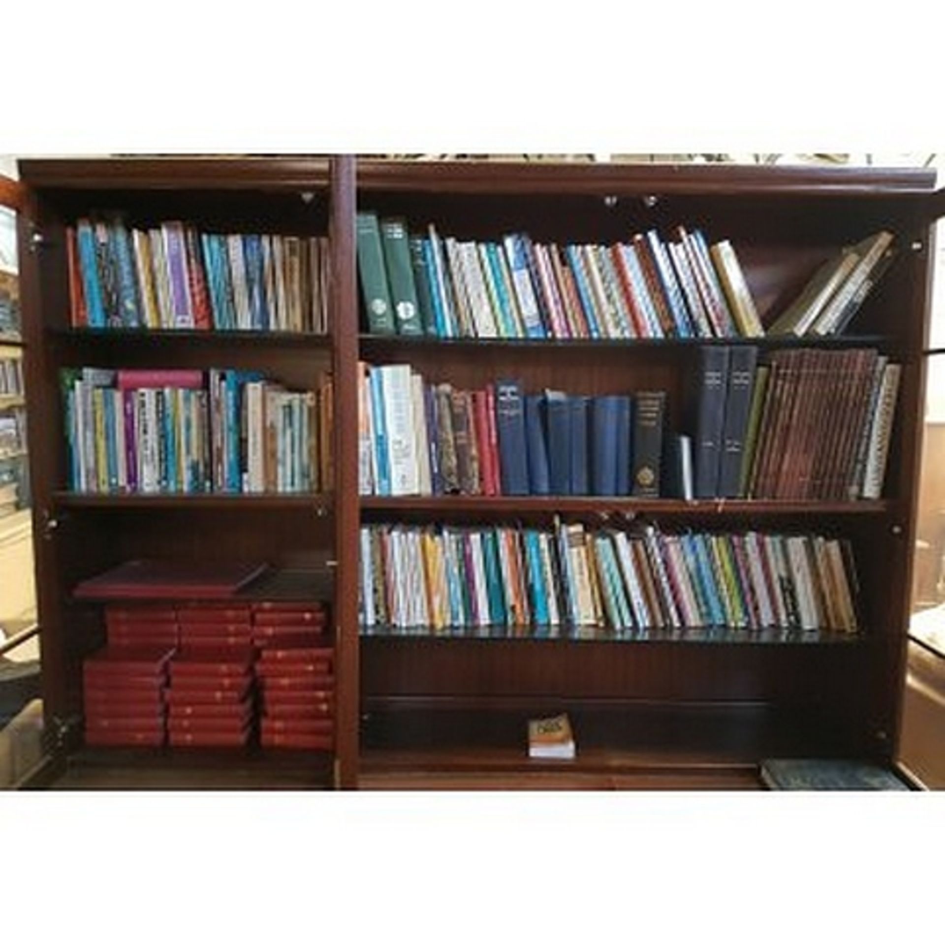 Three and a bit shelves of books including Red Prayer Books