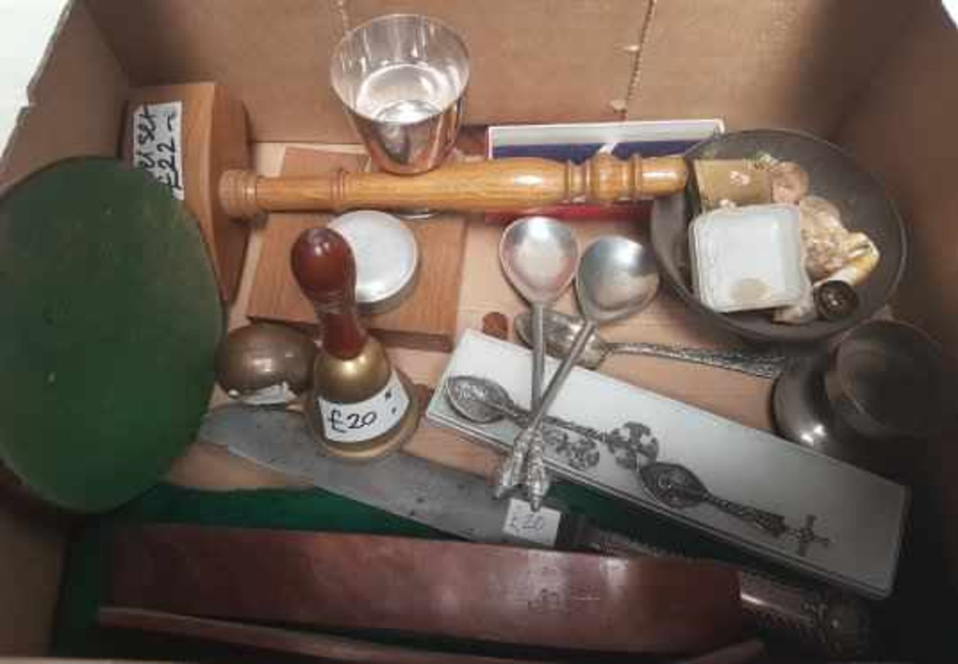 Small Box of items, Victorian Communion Knife, Auction Gavel etc
