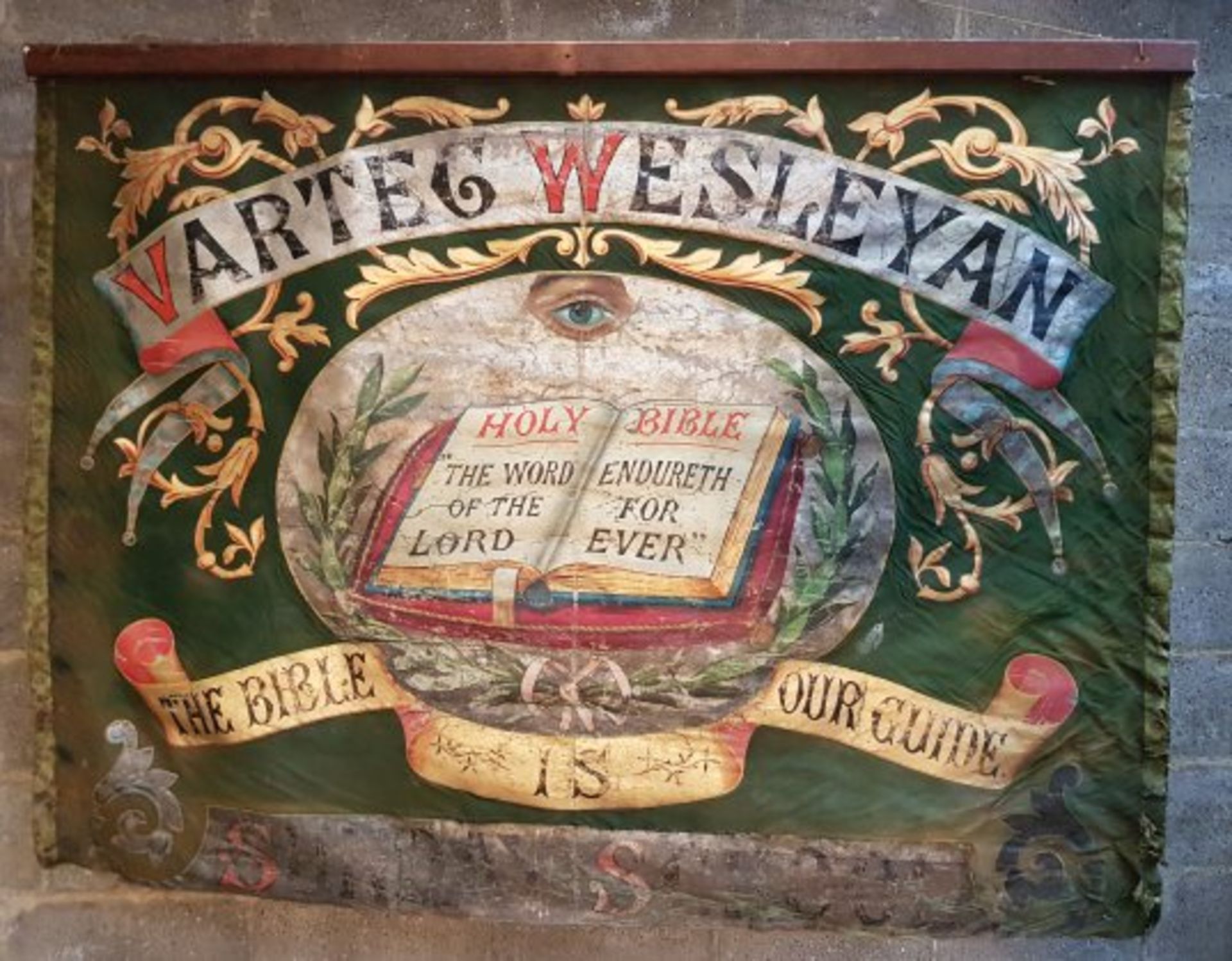 Incredible Painted Silk Welsh Valley Sunday School Banner From 1880's - Image 2 of 3