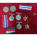 Collection of WW2 Medals including Defence Medal, Stars, Ribbons