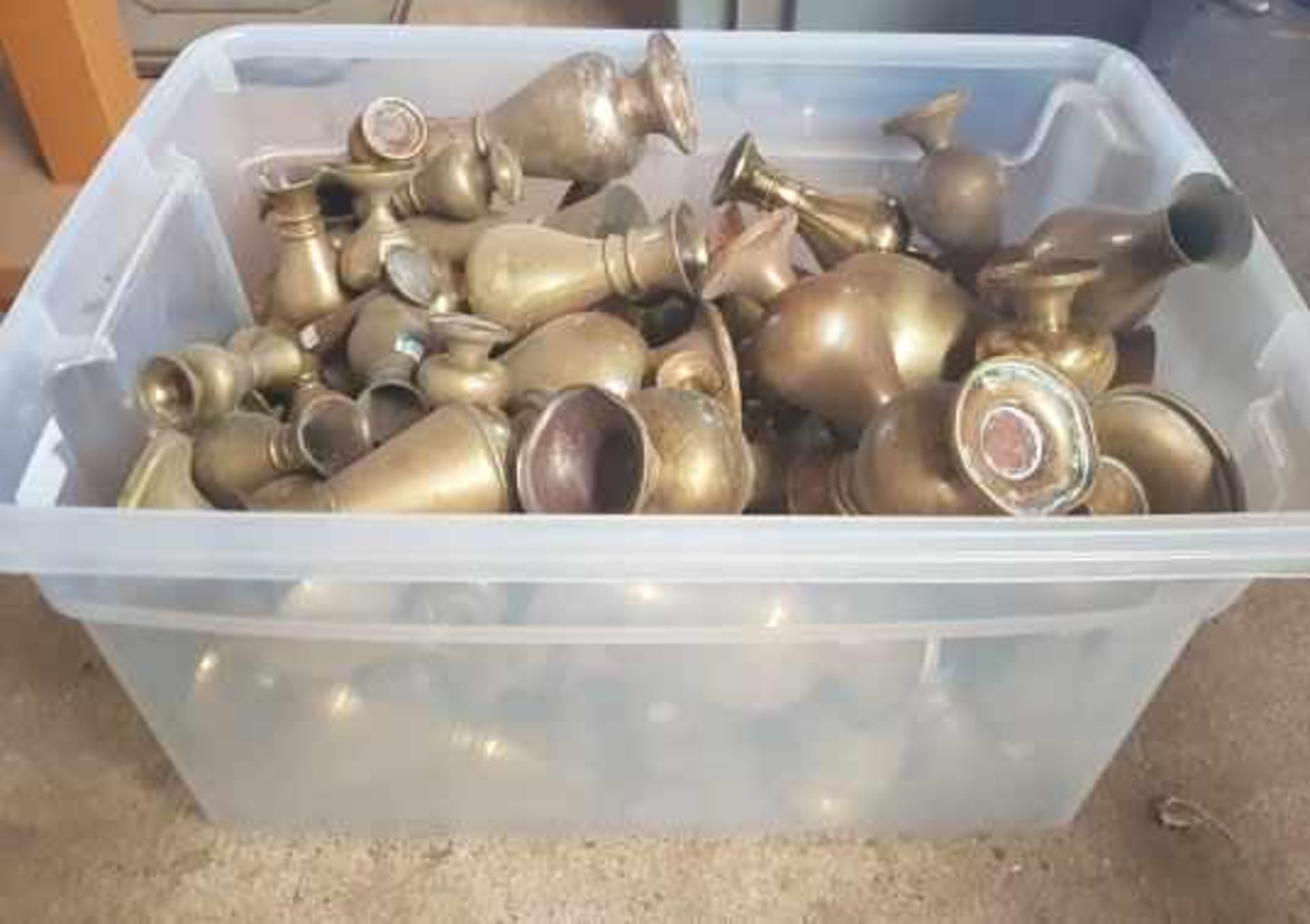 Large Box of Church Brass Flower Vases Clear Box - Image 3 of 4