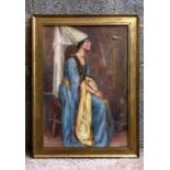 Original 1920s watercolour Painting of Middle Ages Guinevere type Damsel