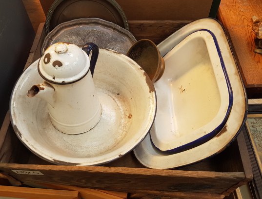 Box15 Wooden box of Enamel ware and Metal Plates