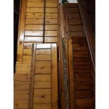 Two rows mostly varnished T&G Victorian Pew panels panelling