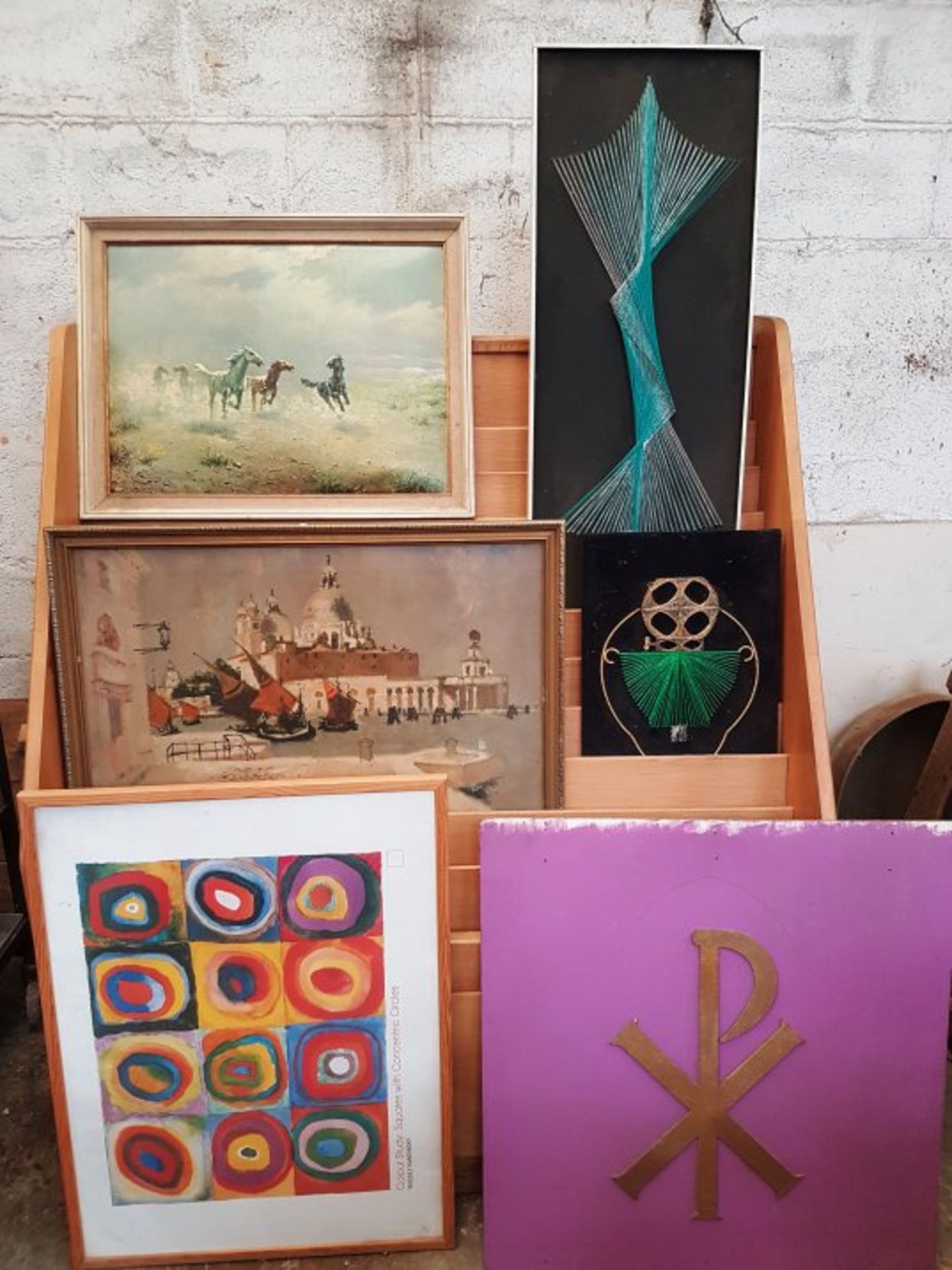 Six Vintage Art Selection prints and string paintings from 1960's and 1970's