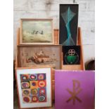 Six Vintage Art Selection prints and string paintings from 1960's and 1970's