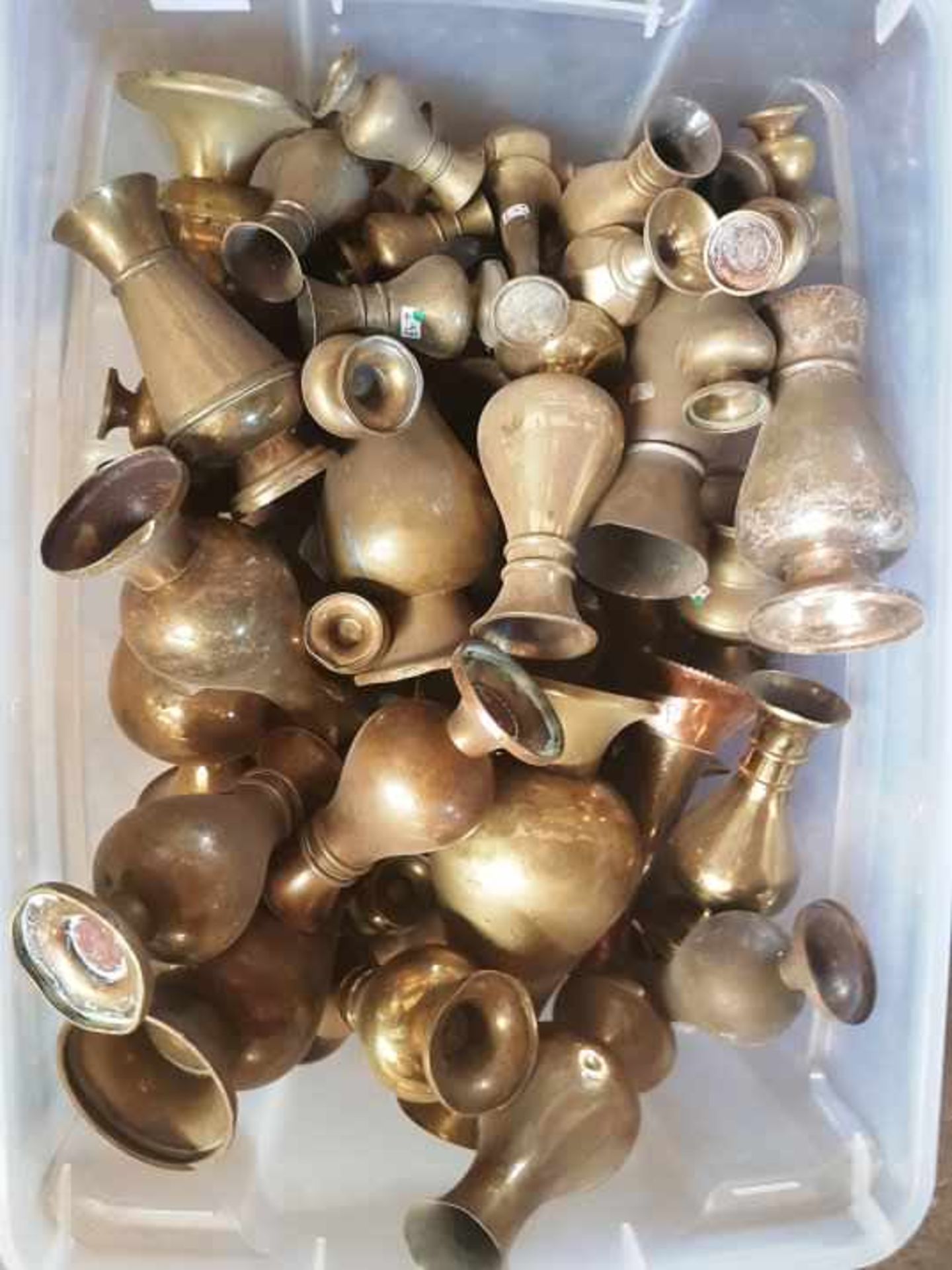 Large Box of Church Brass Flower Vases Clear Box