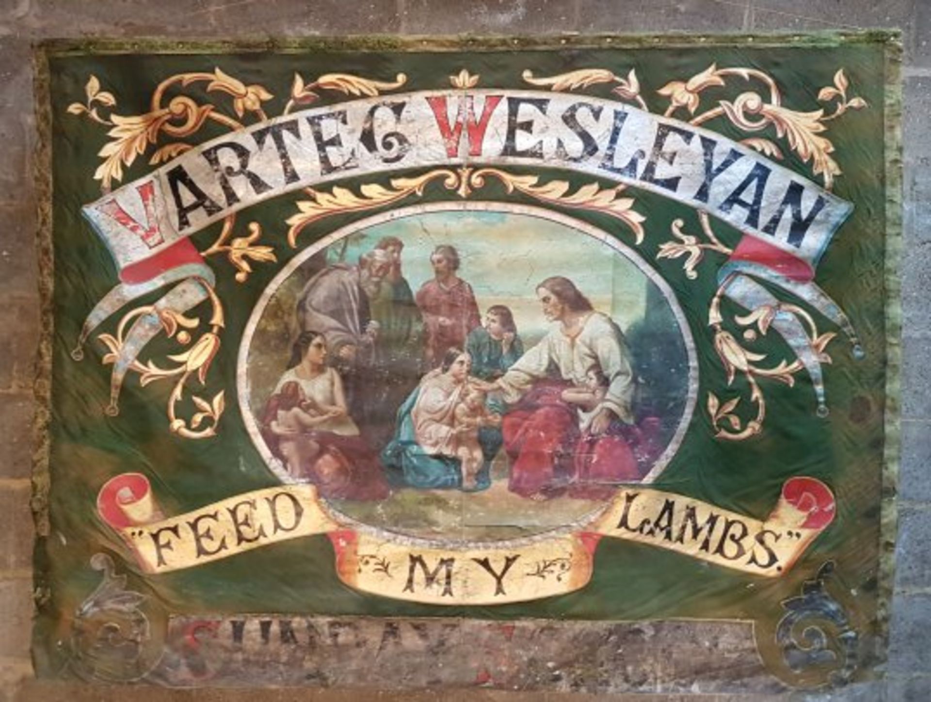 Incredible Painted Silk Welsh Valley Sunday School Banner From 1880's