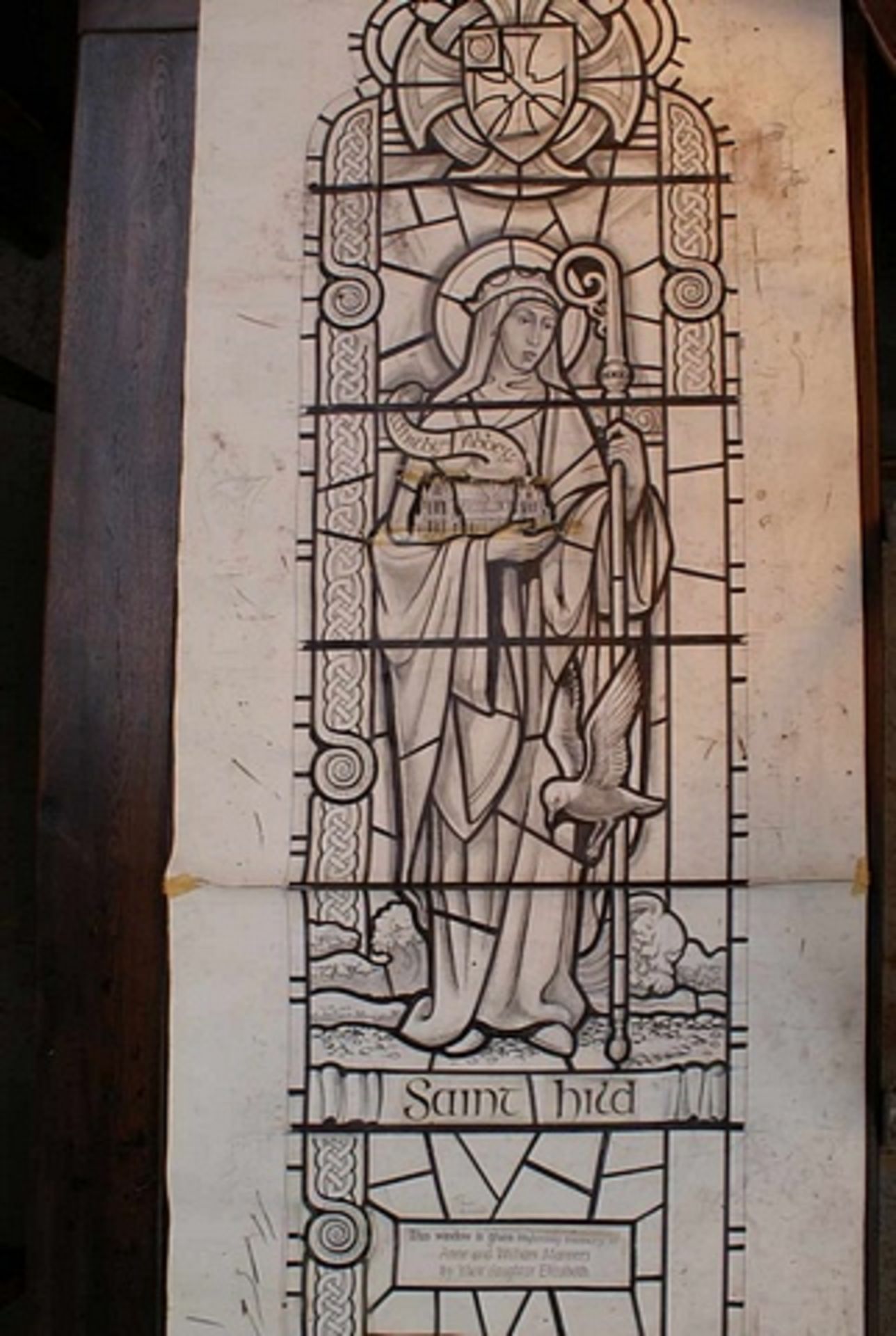 Original Stained Glass Window Cartoon - Saint Hild Holding Whitby Abbey Ink Charcoal and watercolour