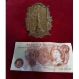 Antique Lourdes Souvenir Plaque and Ten Shilling Note