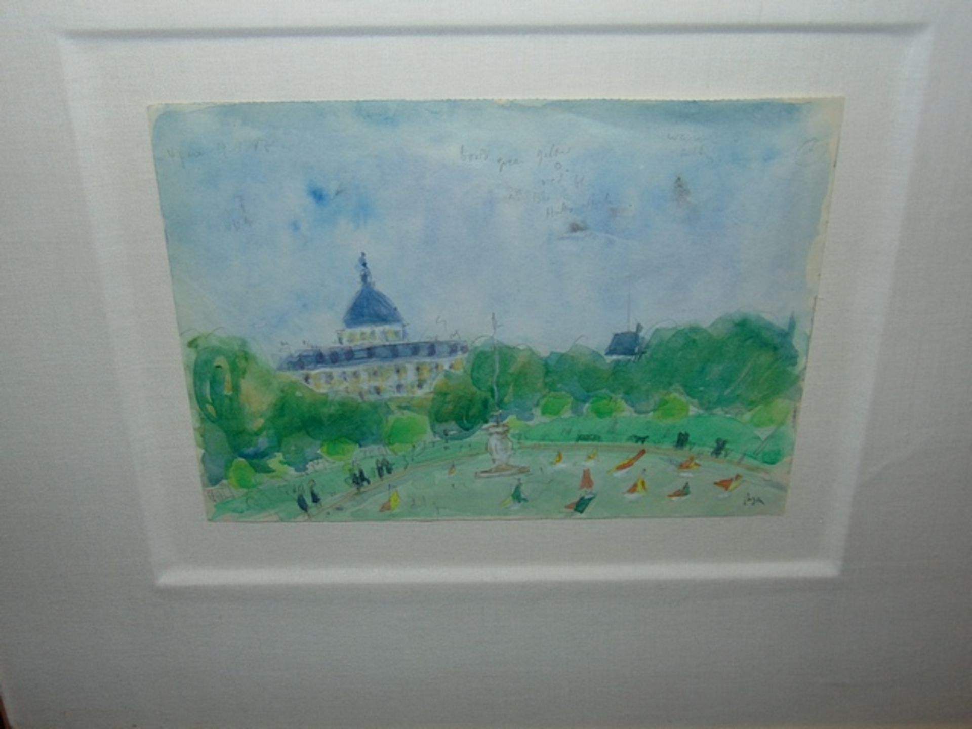 A pair of framed landscape watercolours, 20th Century School watercolour Café Scene and Hyde Park - Image 3 of 6