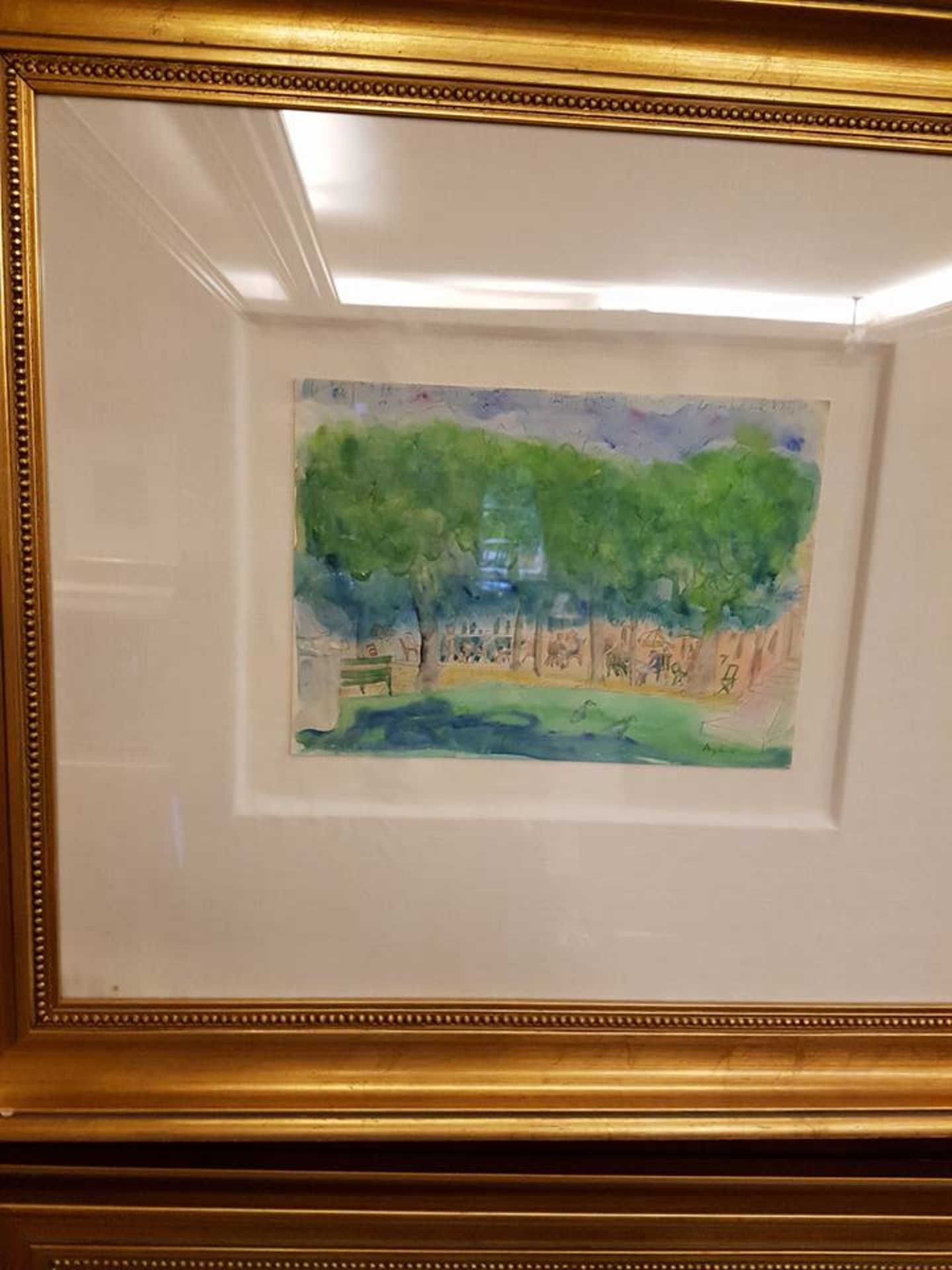 A pair of framed landscape watercolours, 20th Century School watercolour Café Scene and Hyde Park - Image 4 of 6